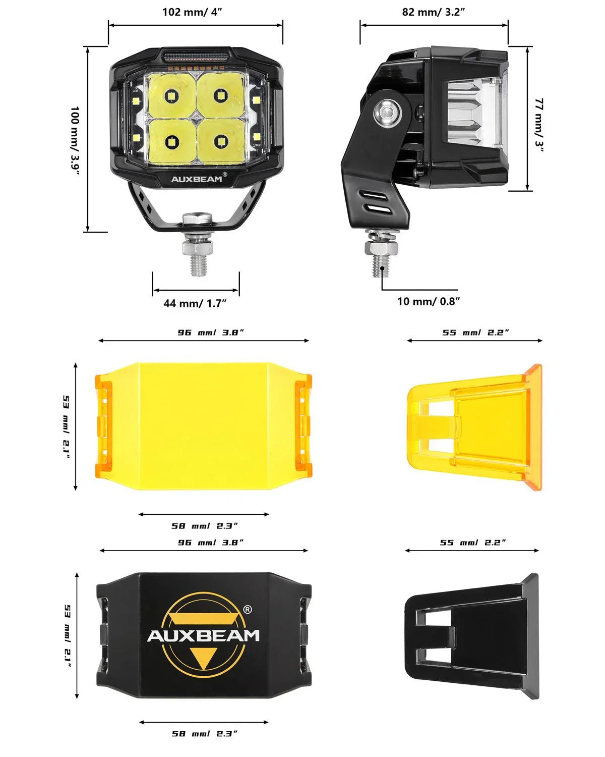V-MAX Series | 4 Inch 92W 8960LM Spot Beam Side Shooter LED Square Pod Lights with Amber DRL