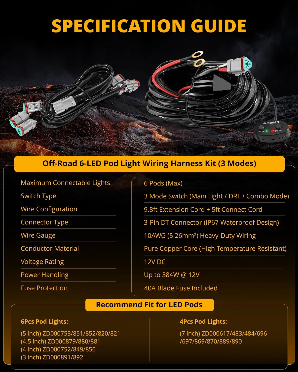 6-LED Pod Light Power Wiring Harness Kit with 3 PIN DT Plug