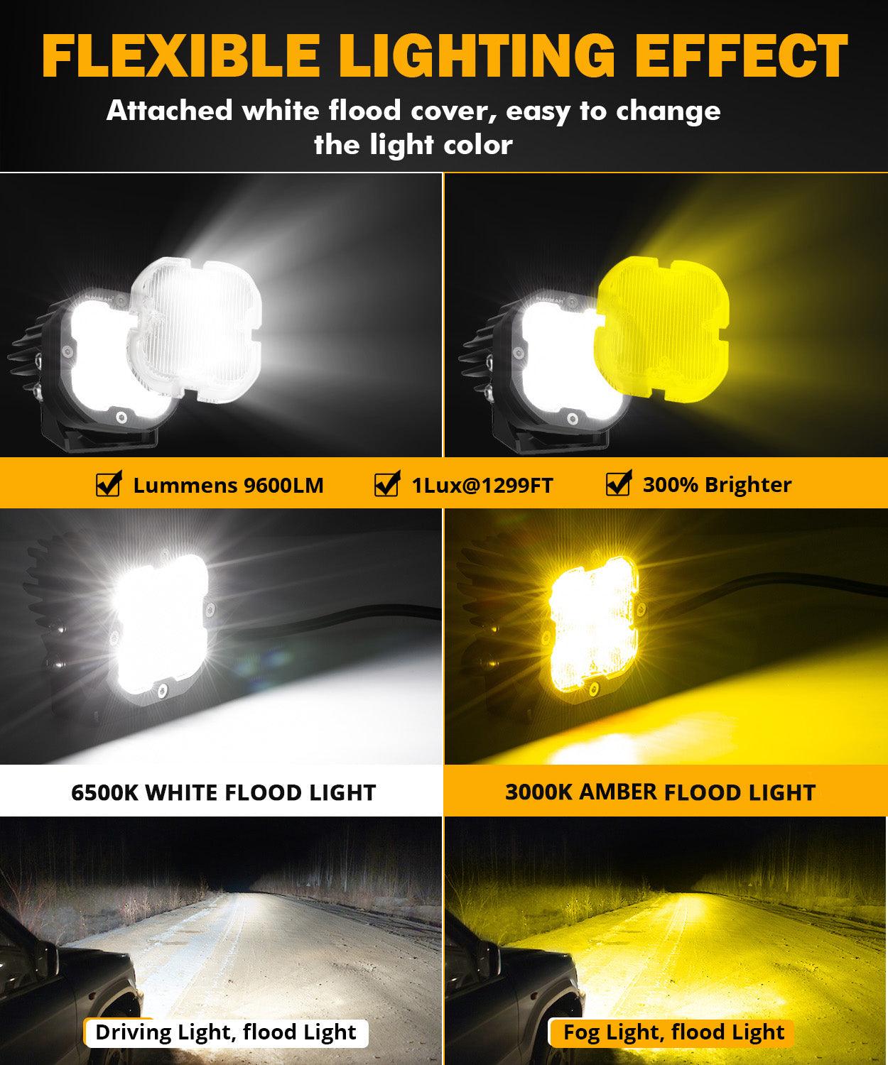 XP-ULTRA Series 3 Inch 80W Flood Beam LED Pods Amber&White Offroad Lights