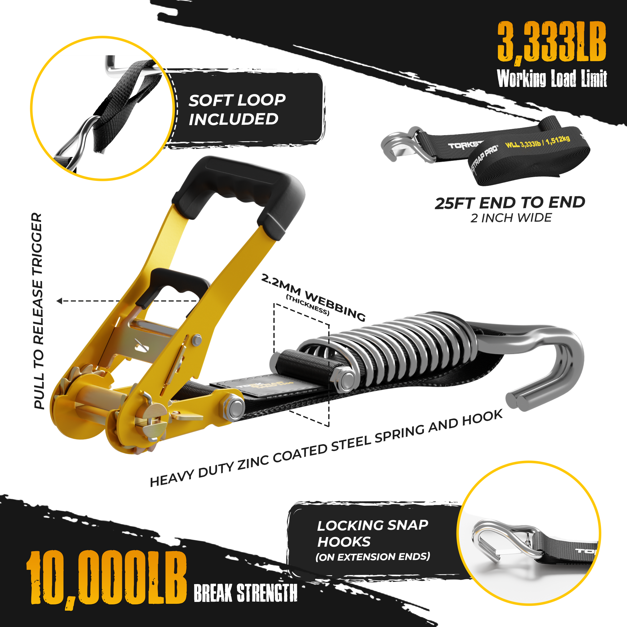 TorkStrap PRO | 25' x 2'' Self Tensioning, Spring Loaded Ratchet Straps - 10,000LB Max Load