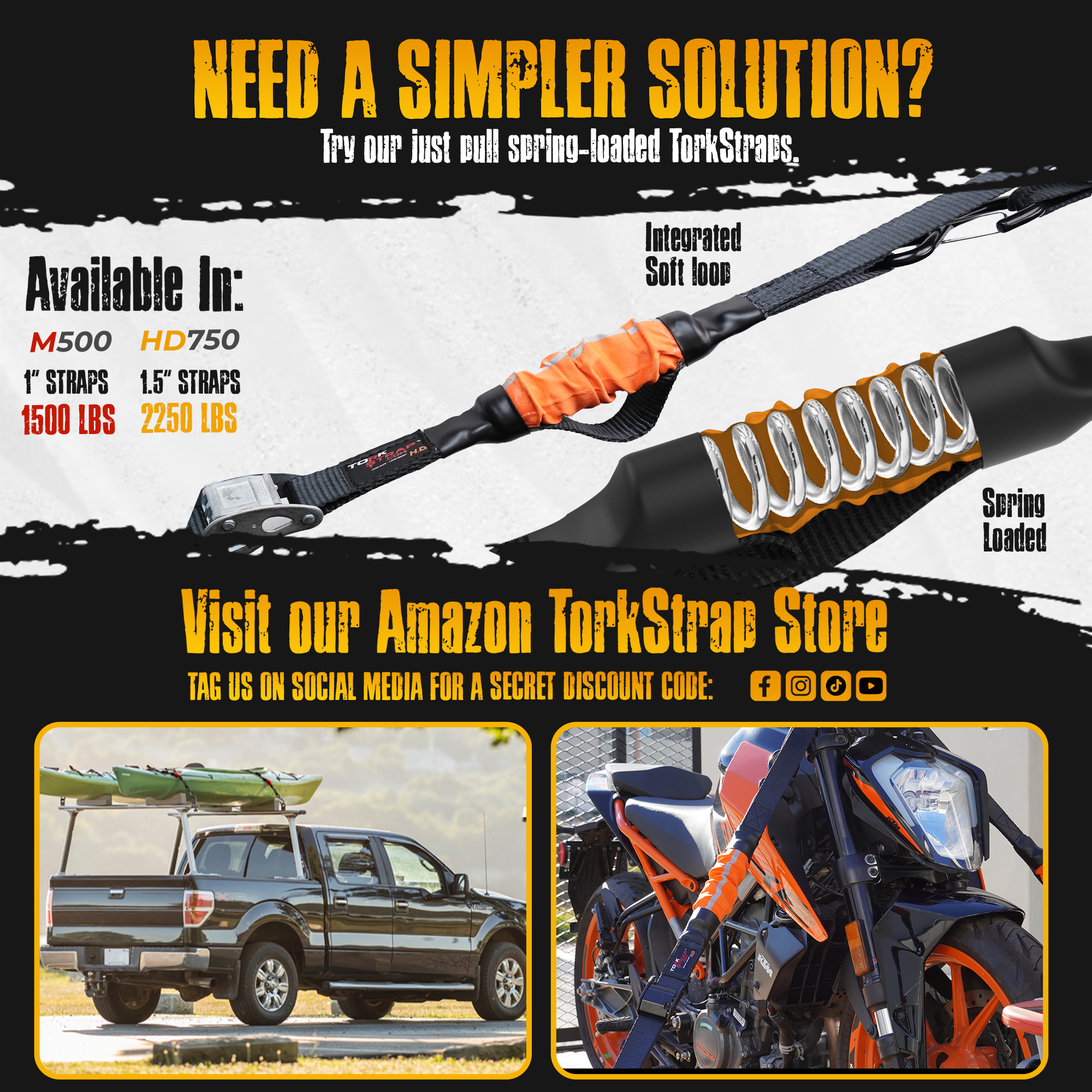 TorkStrap PRO | 25' x 2'' Self Tensioning, Spring Loaded Ratchet Straps - 10,000LB Max Load