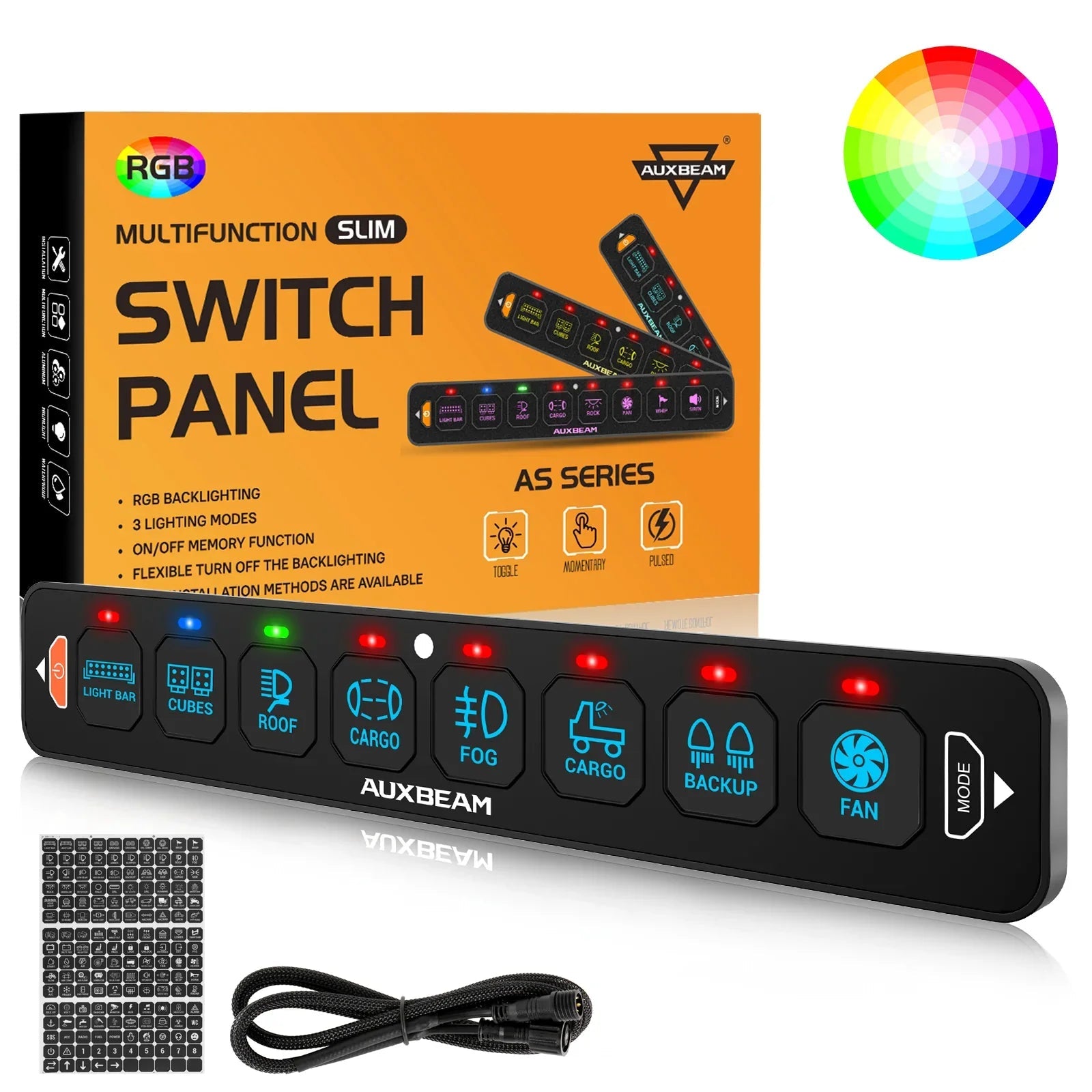 AS Series 8 Gang (AS-R80) RGB Slim Switch Panel, Toggle/ Momentary/ Pulsed Mode Supported(One-Sided Outlet)
