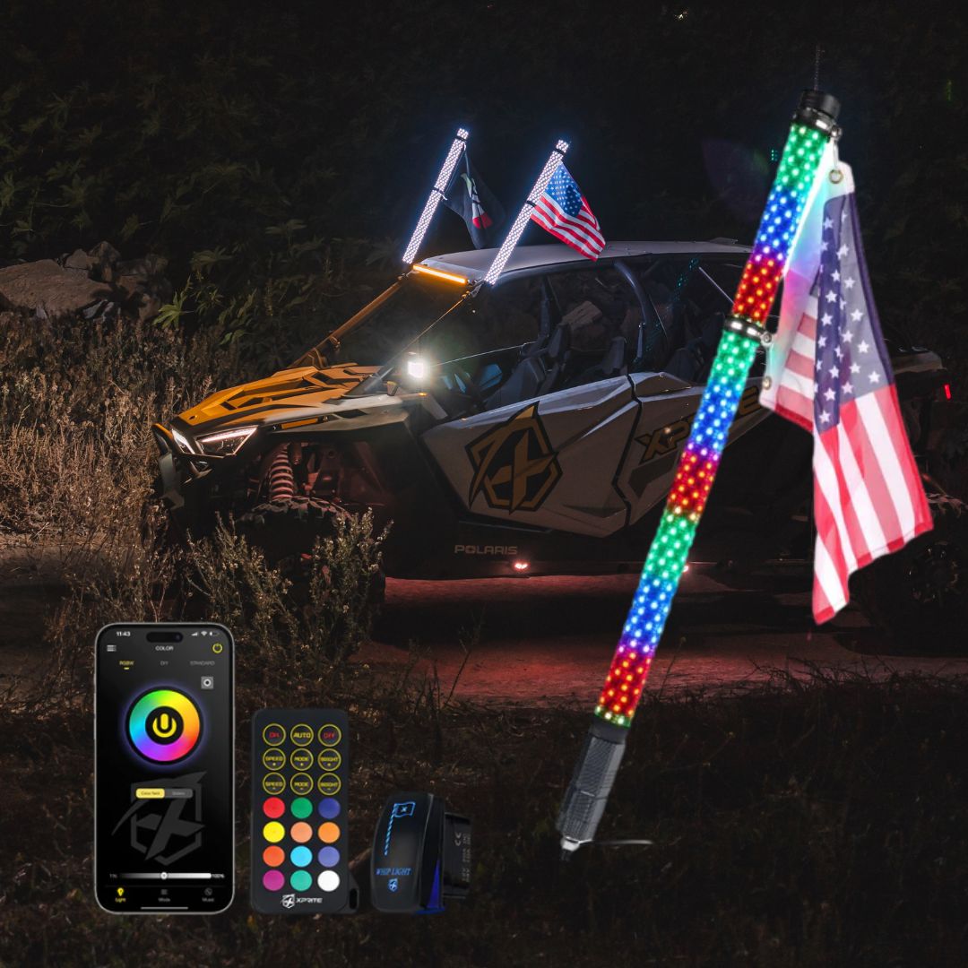 Xprite RGB LED Whip Lights for UTV, ATV & Can-Am Maverick X3 – Bluetooth App Controlled Off-Road Chase Antenna Lights