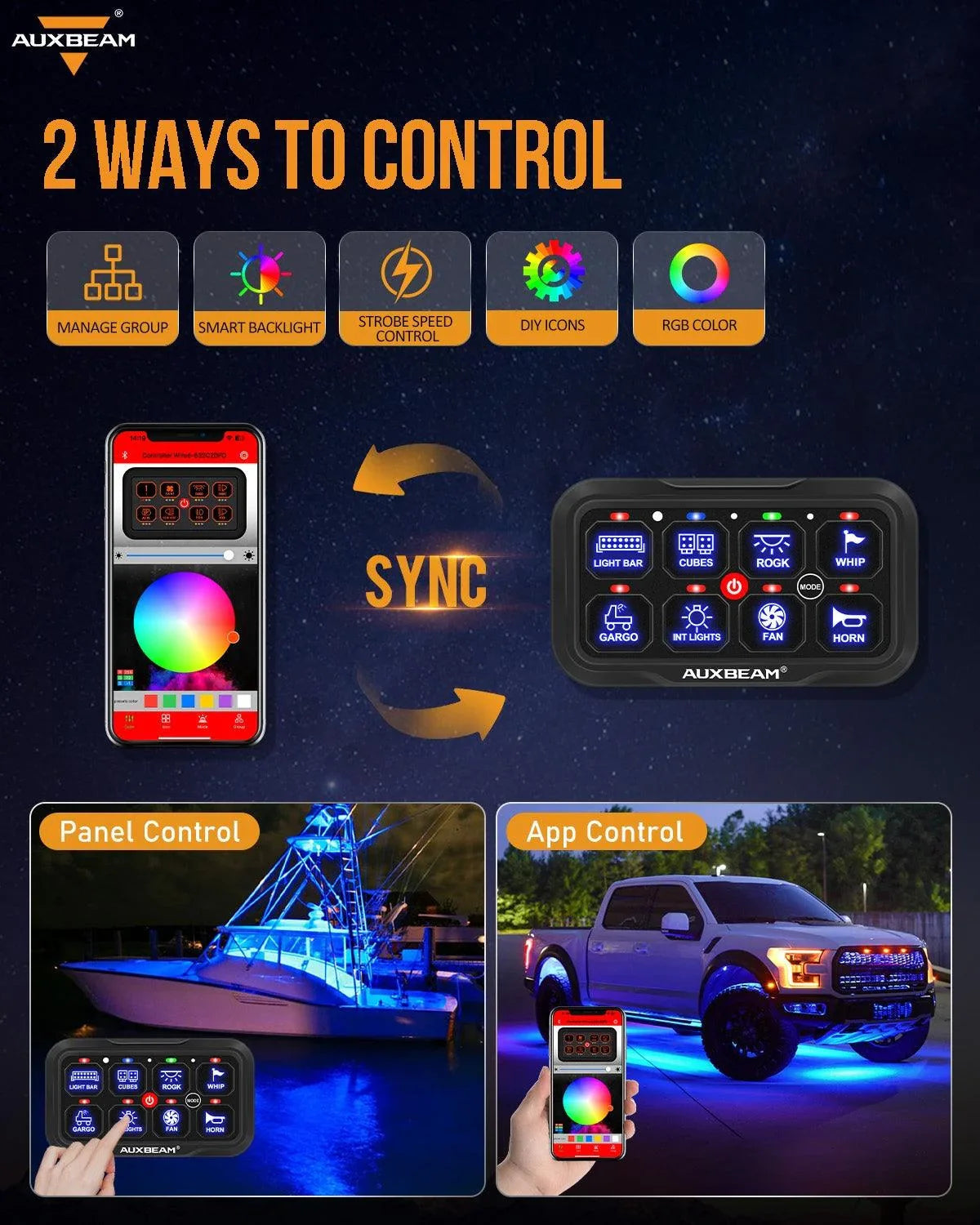 LED lighting control panel and smartphone app used to customize boat and truck lights at night