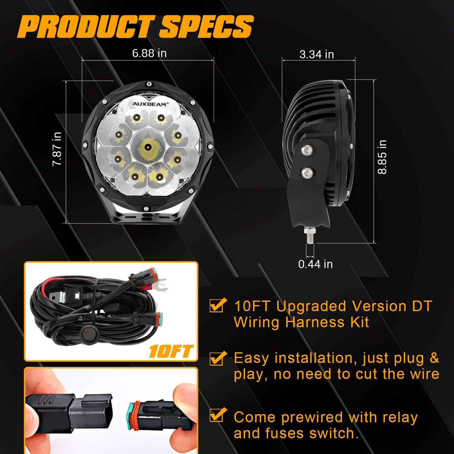 (2pcs/set) 7 Inch 90W Round Spot Beam Offroad LED Driving Lights w/ SAE Compliant+Amber/Black Covers(Optional)