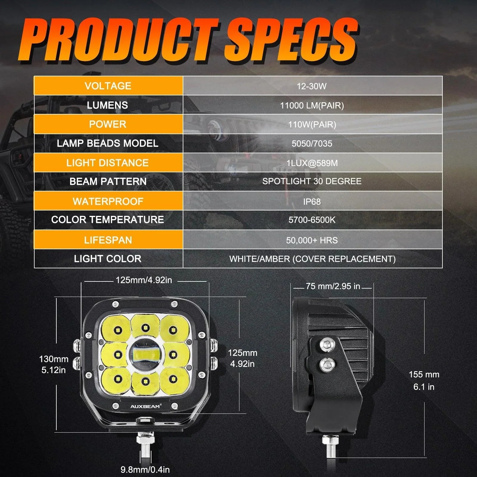 5 Inch 110W White/Amber Spot Light LED Driving Lights for Dodge Ram 1500/2500/3500