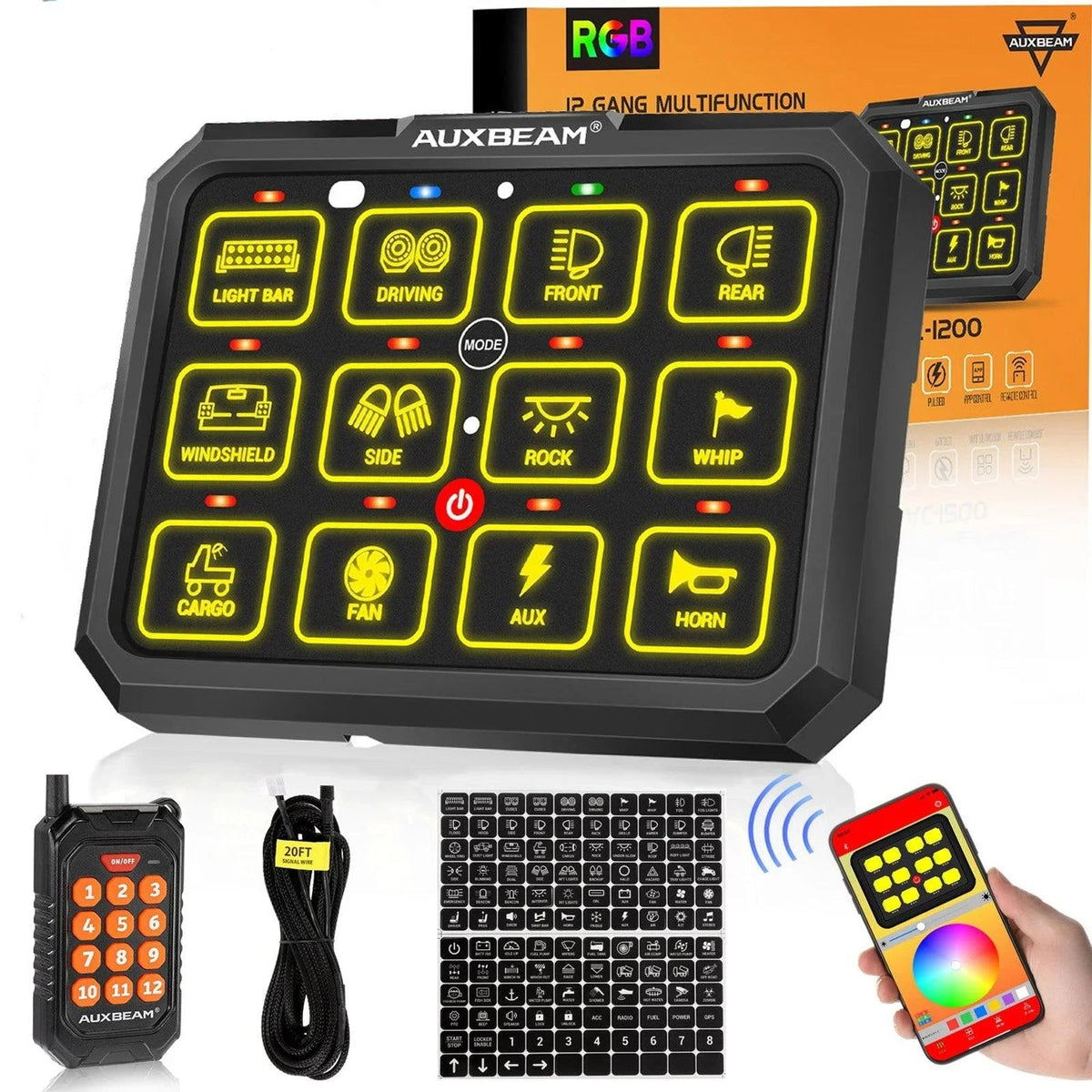 AC Series 12 Gang (AC-1200) RGB Switch Panel with APP&Remote Control, Toggle/ Momentary/ Pulsed Mode Supported(One-Sided Outlet)