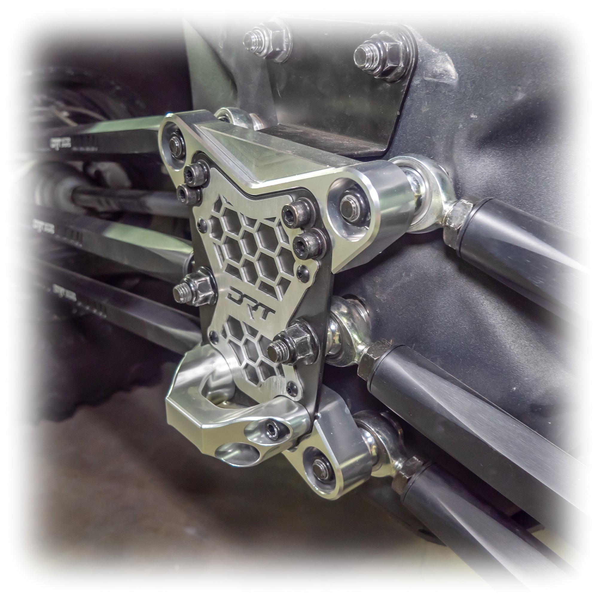 DRT Can-Am Maverick X3 2017+ Billet Aluminum 3-PC Radius Rod Plate Kit Front side view close up