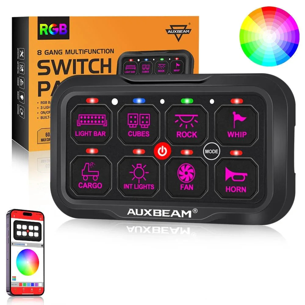 RGB 8-gang multifunction LED switch panel for automotive lighting with app control display