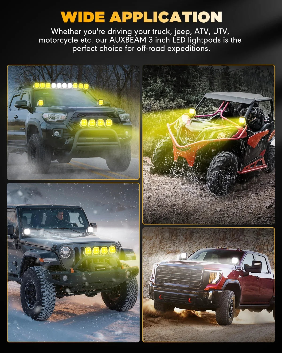 Color Play Series 3 Inch 100W Fog Lights Off Road Lights with White DRL & Amber Turn Signal Lights