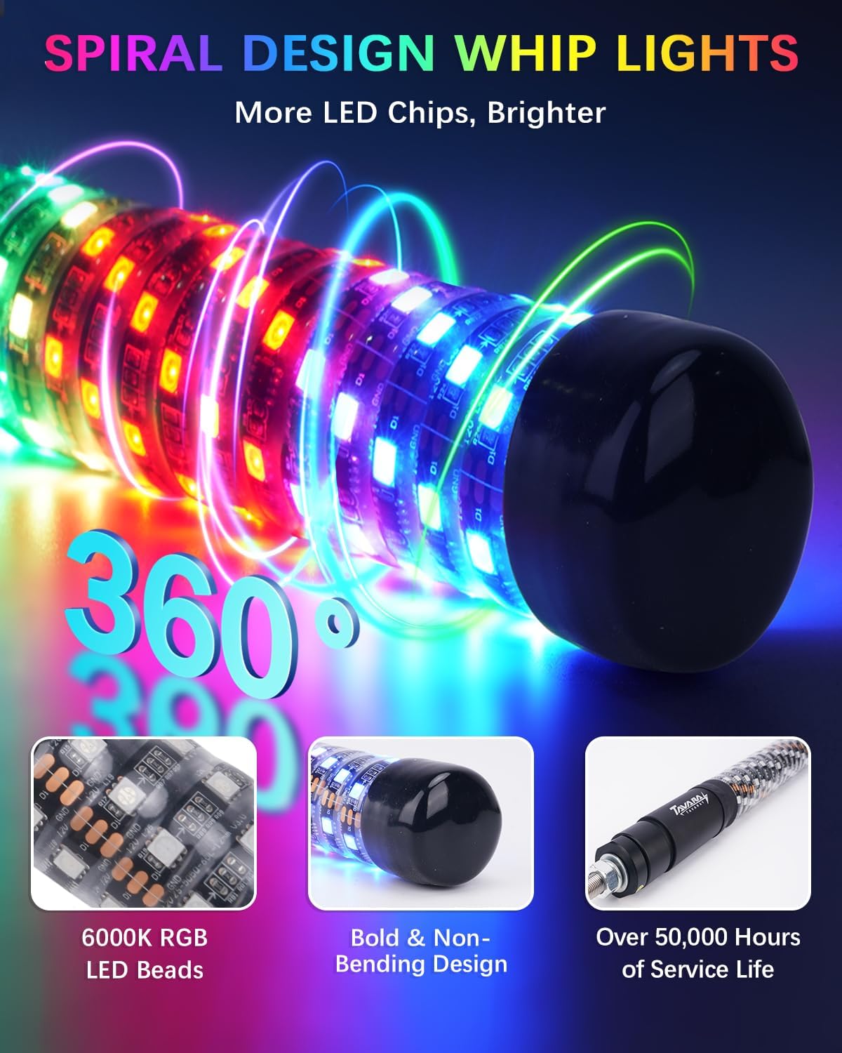 Tavaray Fat Whip Lights – Spiral RGB Chasing Lighted Antenna Whips, Whip Lights for Side by Side UTV ATV RZR Can-Am X3, with App/Remote Control, Turn Signal & Rocker Switch