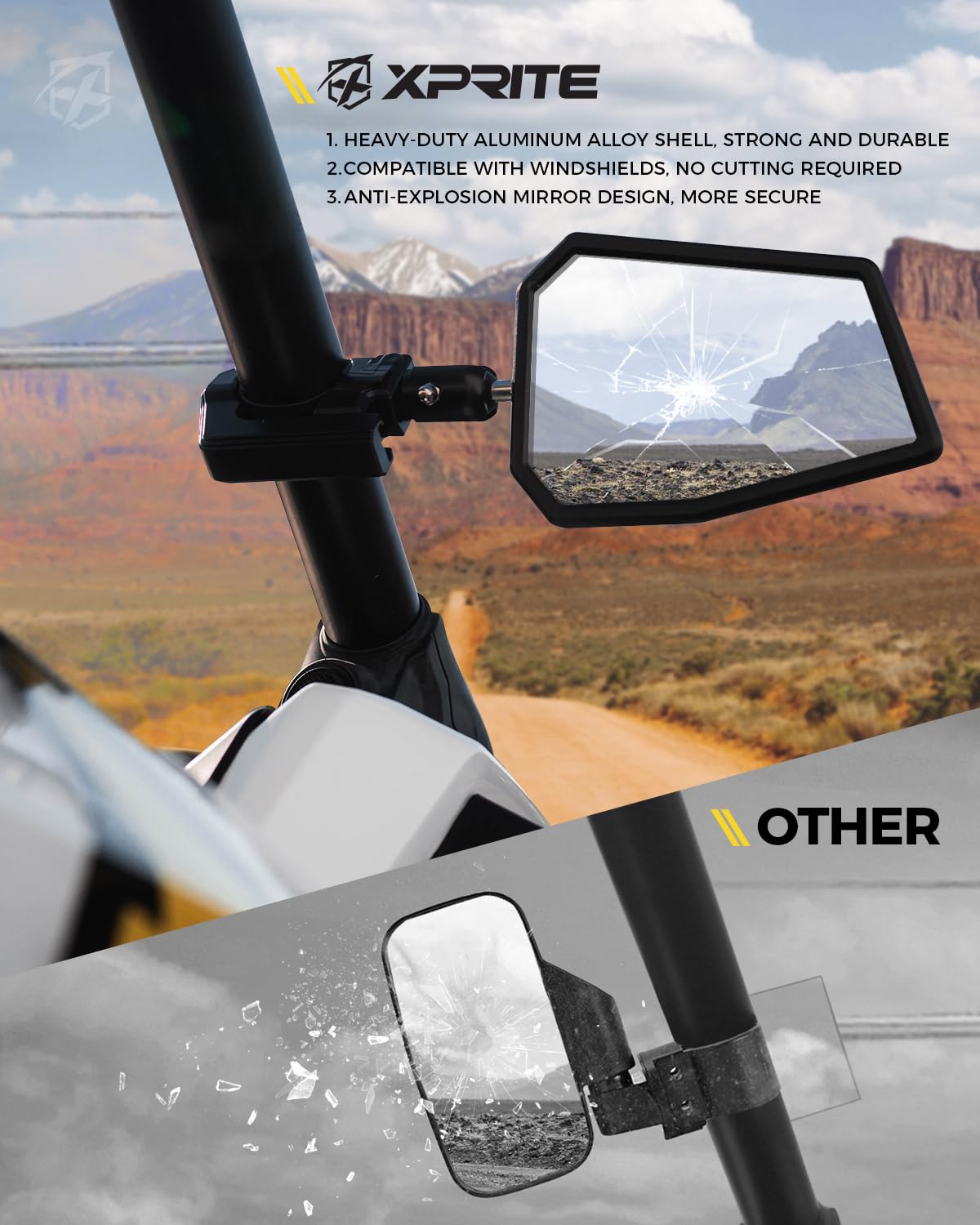 Xprite UTV Side Mirrors Adjustable Bracket – Universal Roll Bar Rear View Mirrors for RZR & Can-Am