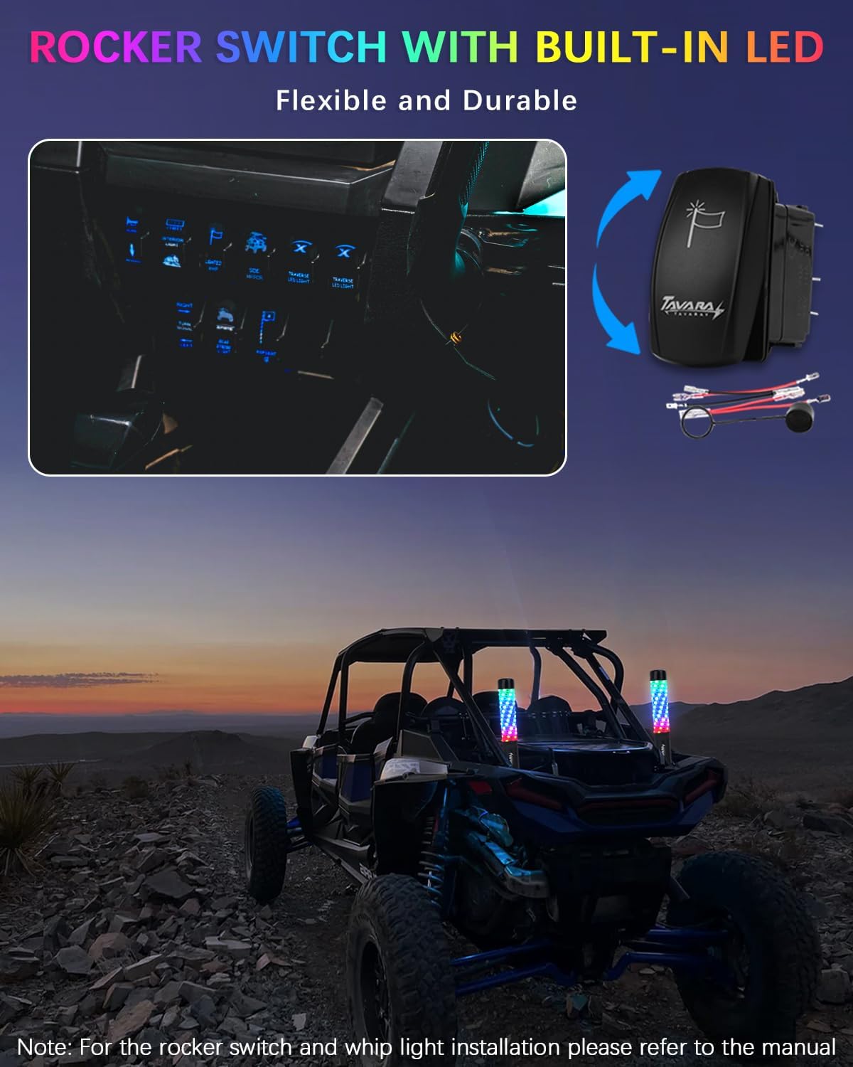 Tavaray Fat Whip Lights – Spiral RGB Chasing Lighted Antenna Whips, Whip Lights for Side by Side UTV ATV RZR Can-Am X3, with App/Remote Control, Turn Signal & Rocker Switch