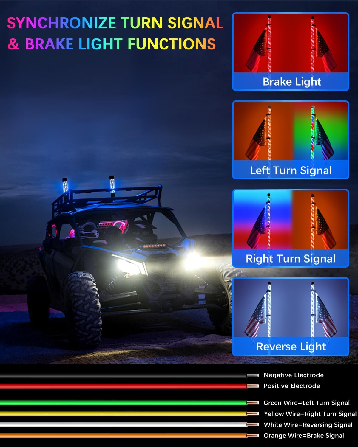 Tavaray Fat Whip Lights – Spiral RGB Chasing Lighted Antenna Whips, Whip Lights for Side by Side UTV ATV RZR Can-Am X3, with App/Remote Control, Turn Signal & Rocker Switch