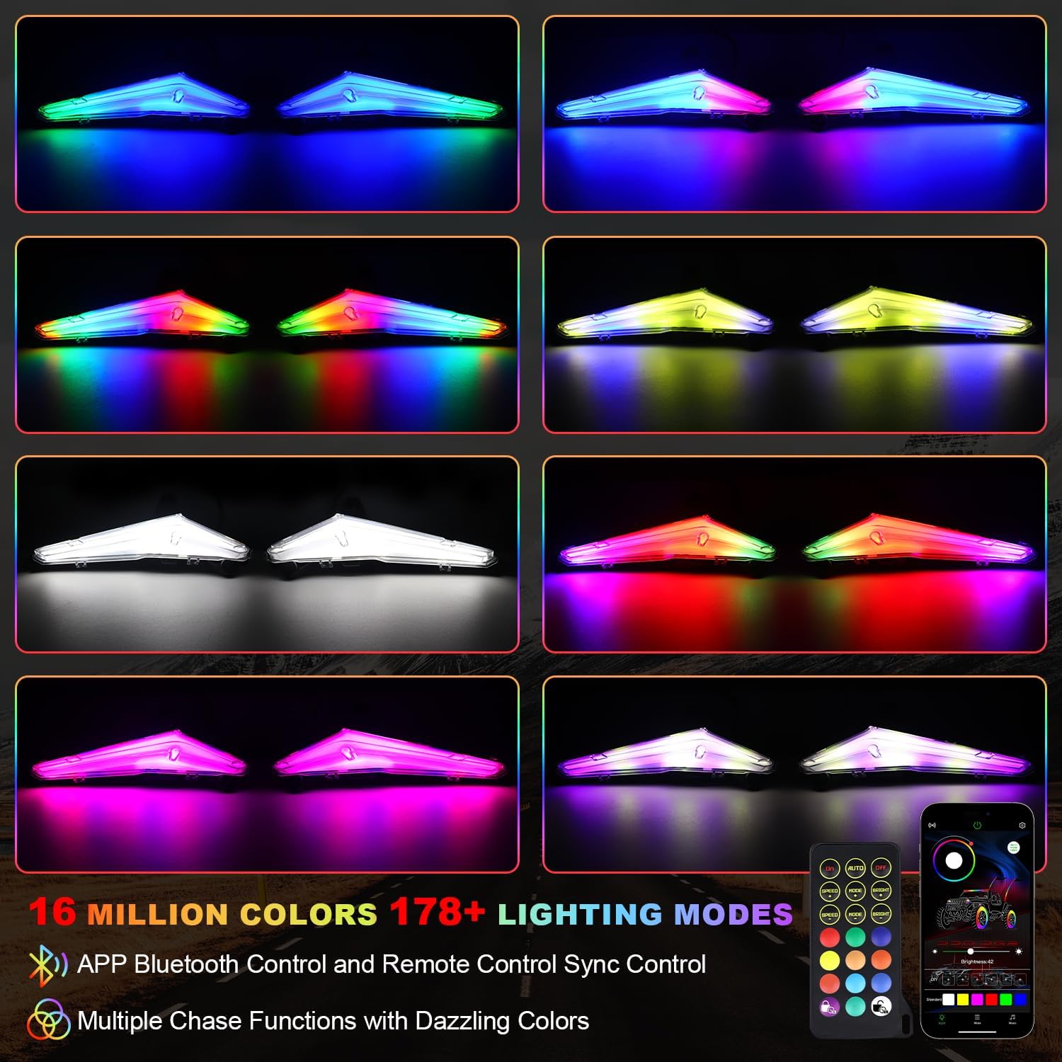 Tavaray RGBW LED Fang Lights for Can-Am Maverick R 2024–2026 DRL White & RGB Color Chasing APP Music Sync Kit