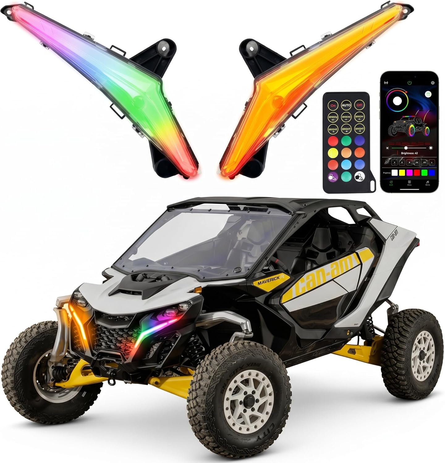 Tavaray RGB LED Fang Lights for Can-Am Maverick R 2024-2026 APP Control DRL Turn Signal Music Sync Kit
