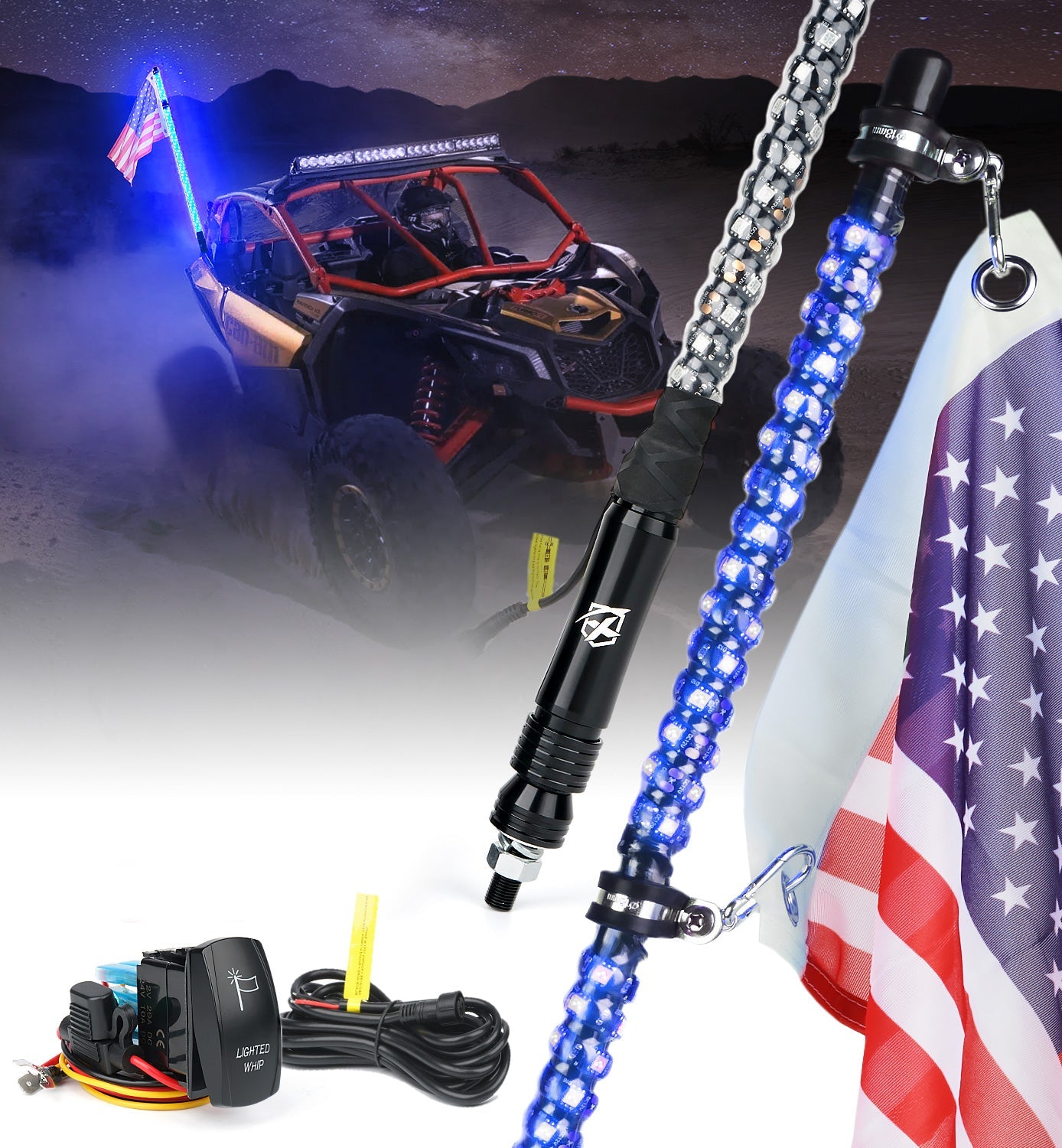 Xprite Spiral RGB LED Whip Lights – Off-Road Flag Pole Chase Lights for UTV, ATV, Polaris RZR | Twister Series
