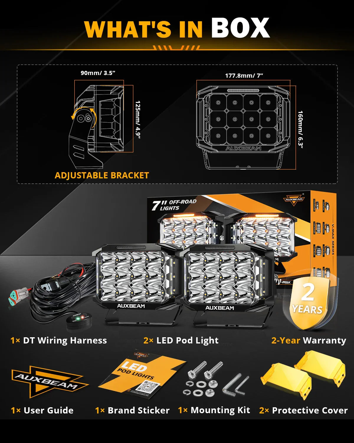V-MAX Series | 7x5 Inch Rectangle 228W 26100LM Spot Beam Side Shooter LED Driving Lights with Amber DRL&Backlight