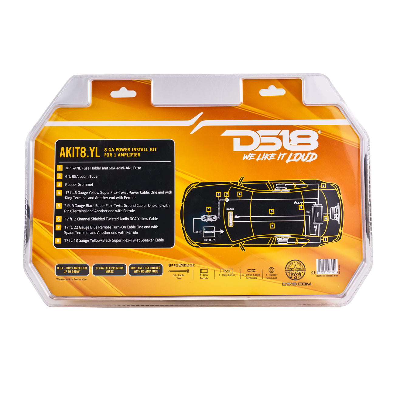 8-GA Amplifier Installation Wiring Kit - Yellow
