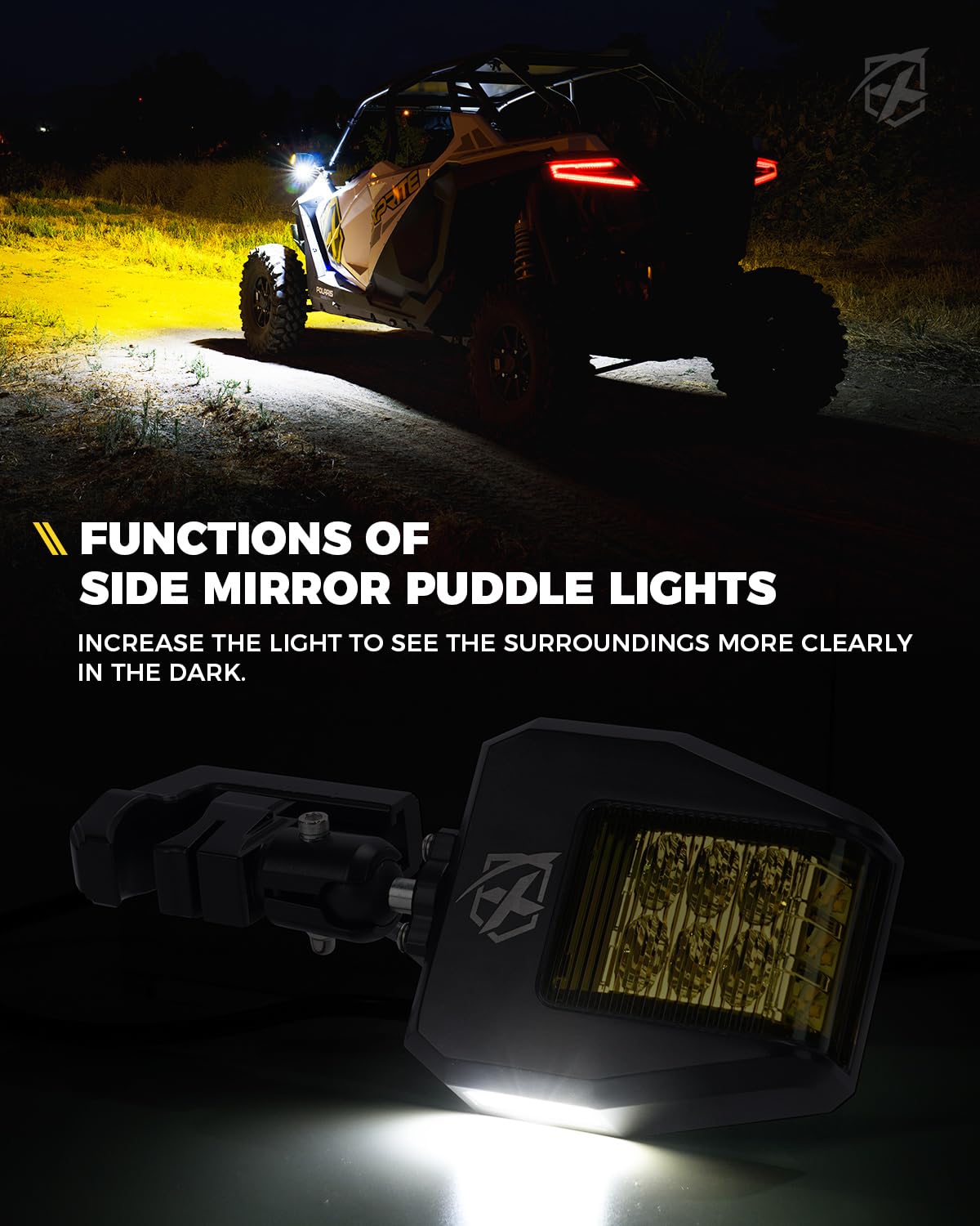 UTV Side View Mirrors with LED Spotlights & C-Clamp Brackets