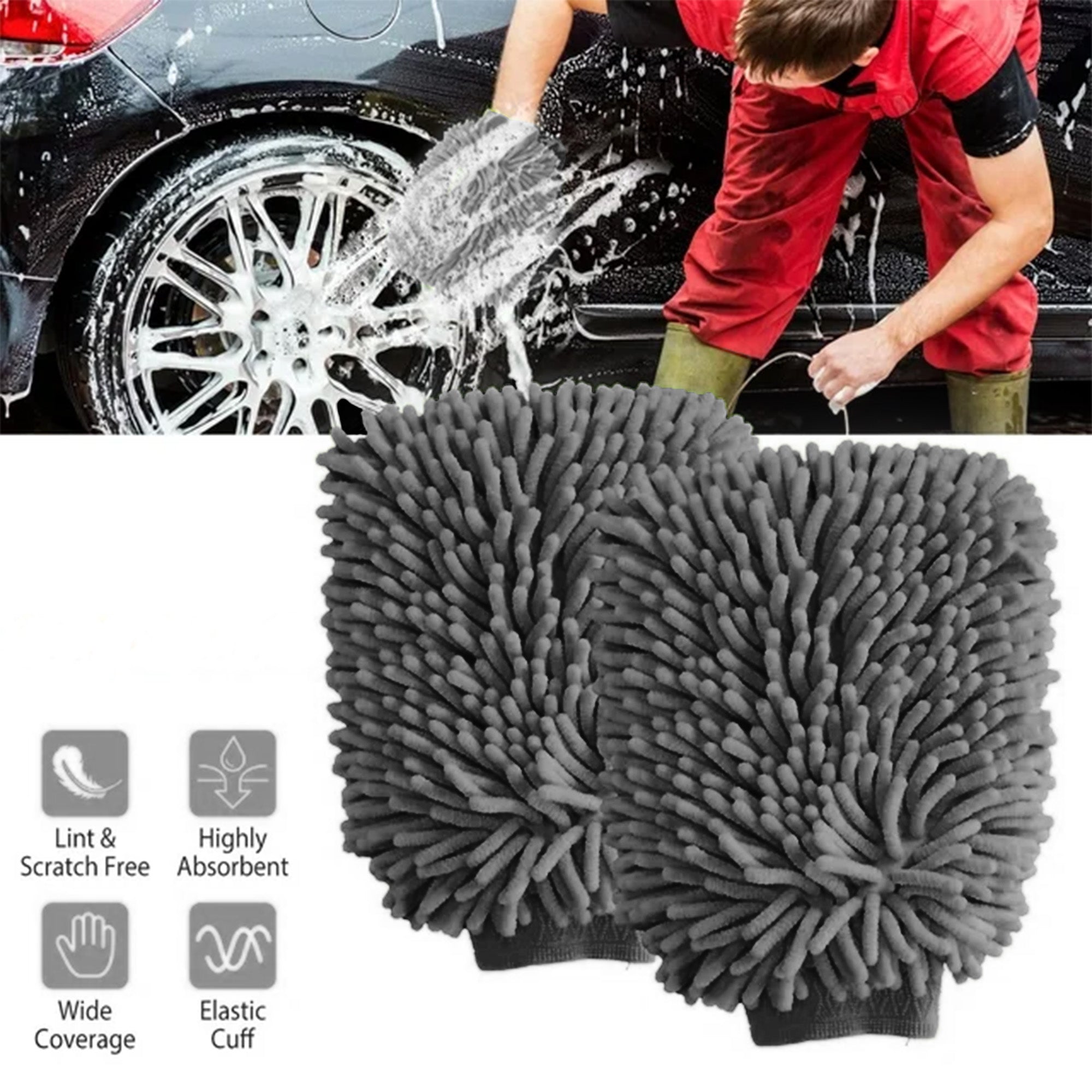 WASH&WHIPS Microfiber Chenille Car Cleaning Mitt - 2pk