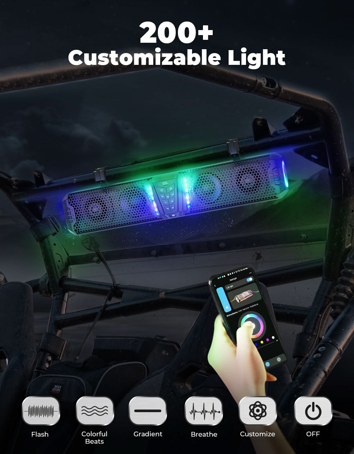 Midnight 60 UTV Soundbar 26" ¡§C Bluetooth & RGB Lights, Waterproof 2025 for Golf Cart/ATV/Polaris - Kemimoto
