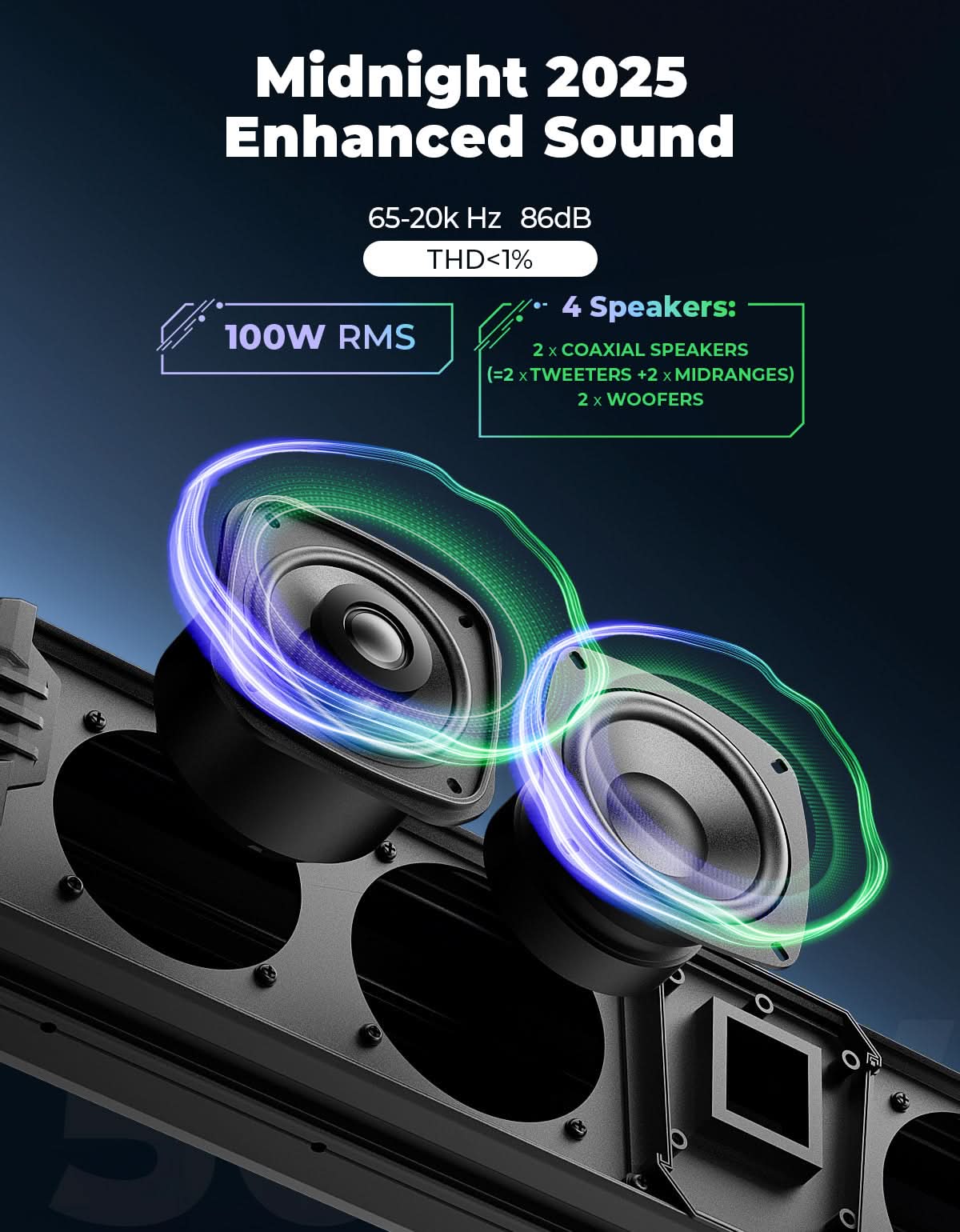 Midnight 60 UTV Soundbar 26" ¡§C Bluetooth & RGB Lights, Waterproof 2025 for Golf Cart/ATV/Polaris - Kemimoto