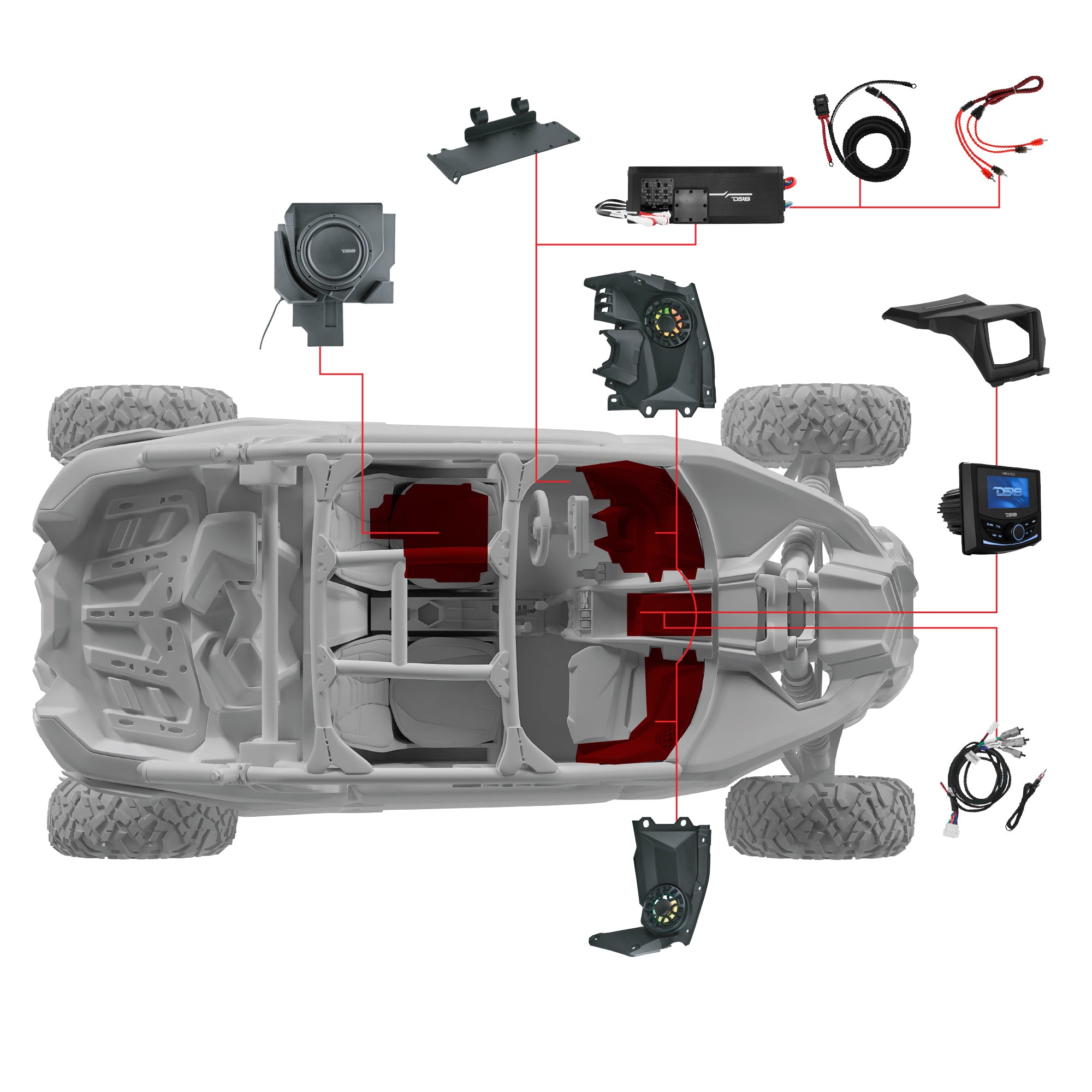 Can-Am Maverick X3 Stage 3 - Dash Speaker Panels, 12” Subwoofer, Amplifier, Bluetooth Radio & LED Lights