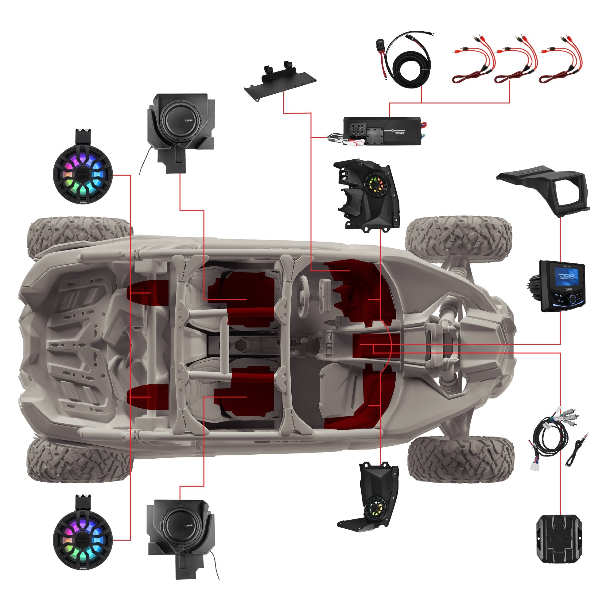 Can-Am Maverick X3 Stage 6 - Dash Speaker Panels, 8" Neodymium Tower Speakers, Dual 12” Subwoofer, Amplifier, Bluetooth Radio & LED Lights