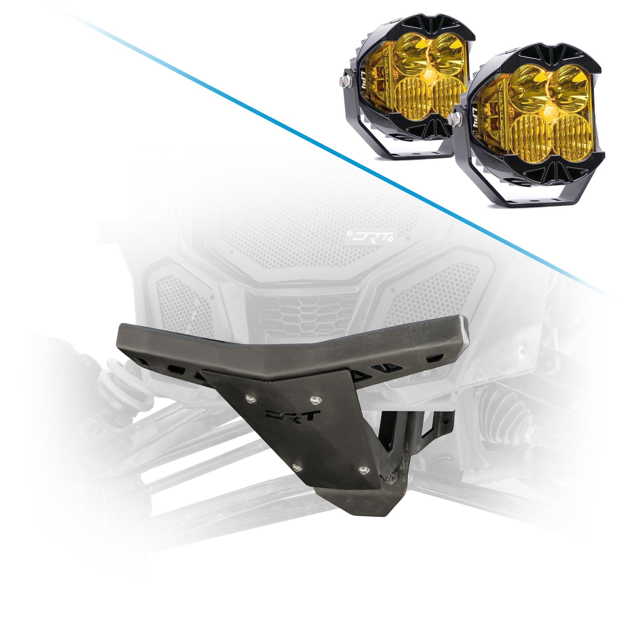 2017+ Can-Am Maverick X3 front bumper and bulkhead decked out by DRT Motorsports and Baja Designs LP4 PRO LED Auxiliary Light Pods 5 Inch Diameter Amber Lens