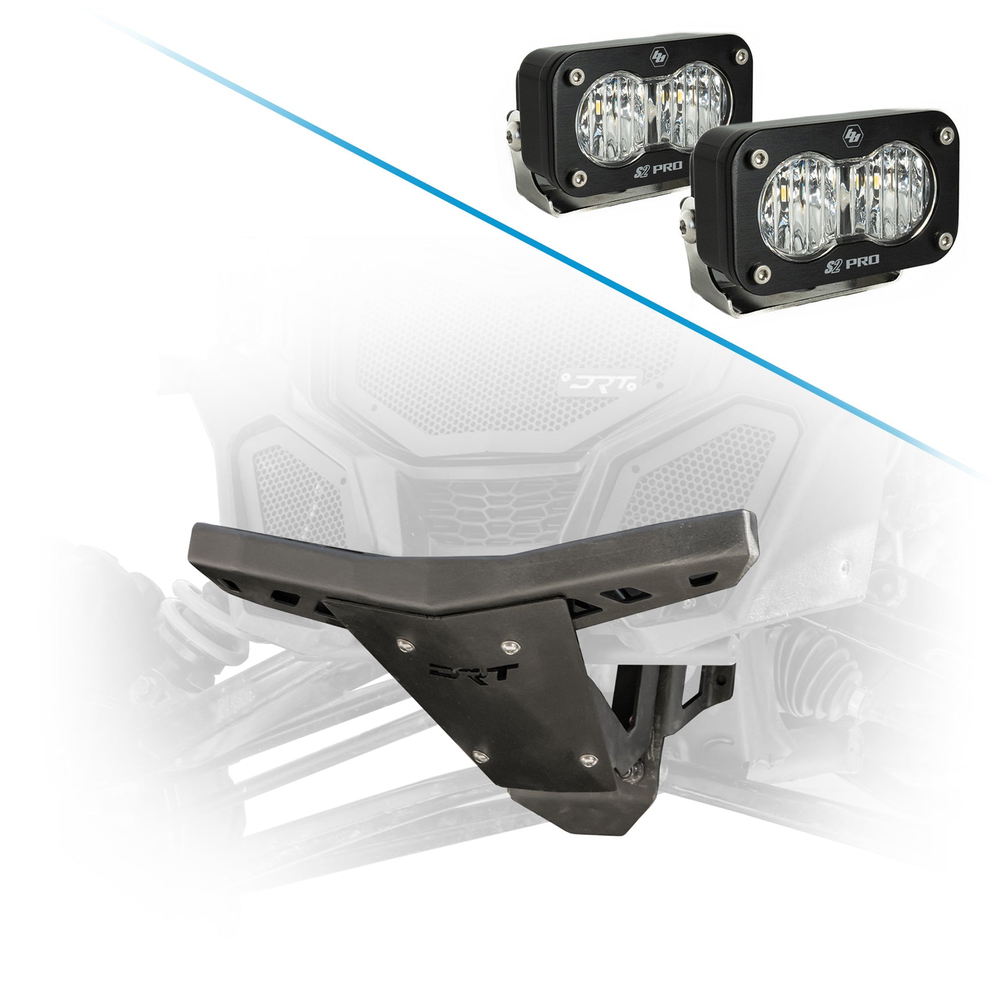 Can-Am X3 front bumper with thicker steel bulkhead by DRT for improved trail control and feel and Baja Designs S2 Pro LED Light Pods