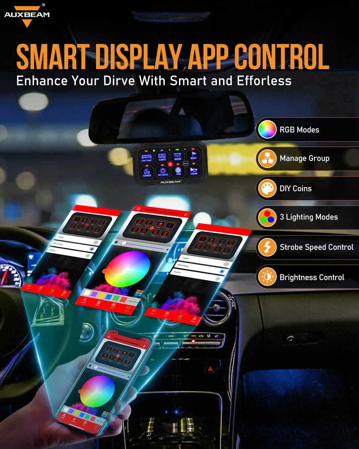 Car interior showing smart app control for LED lighting, RGB modes, and brightness options.