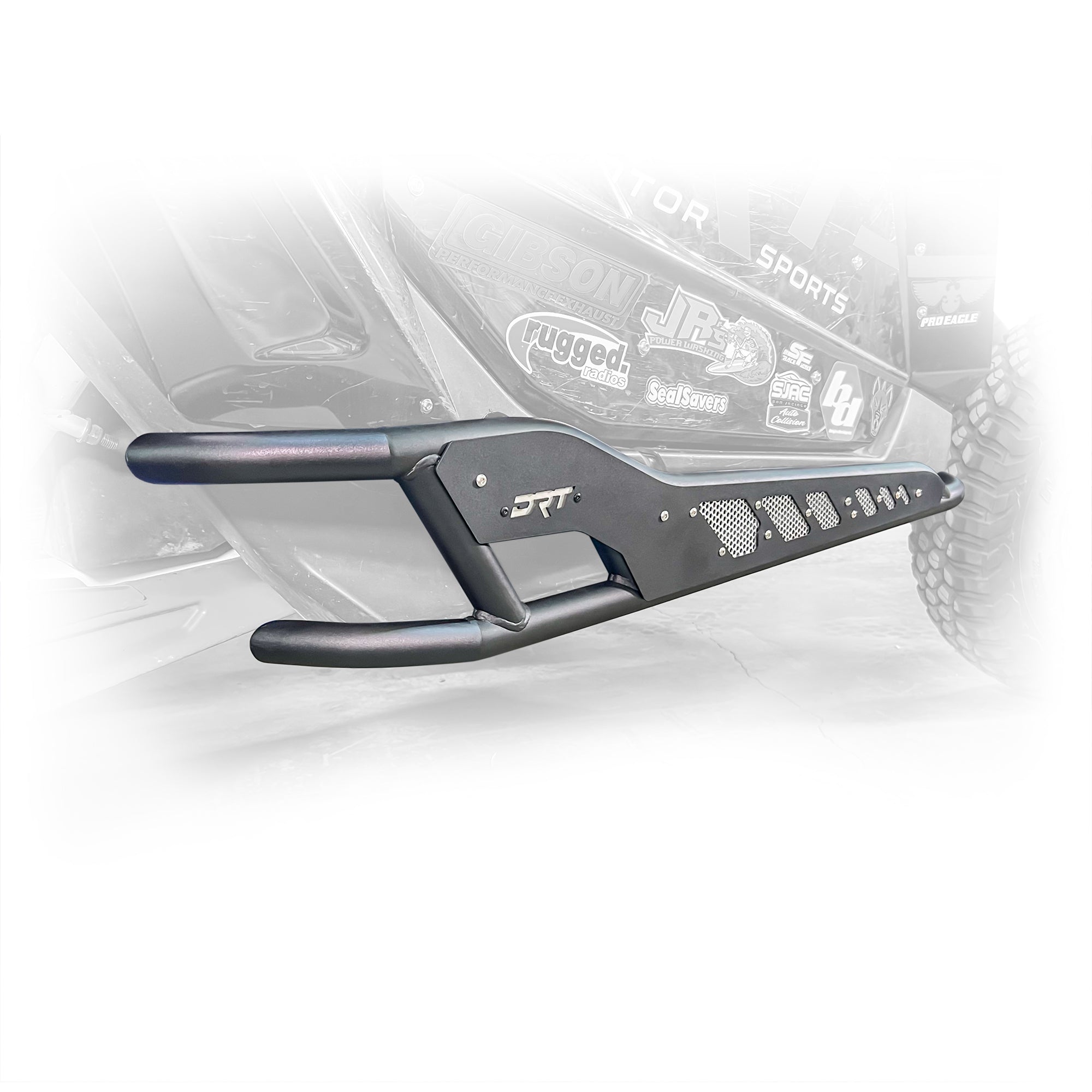 Angled view showing rear mounting bracket of DRT rock rail on X3