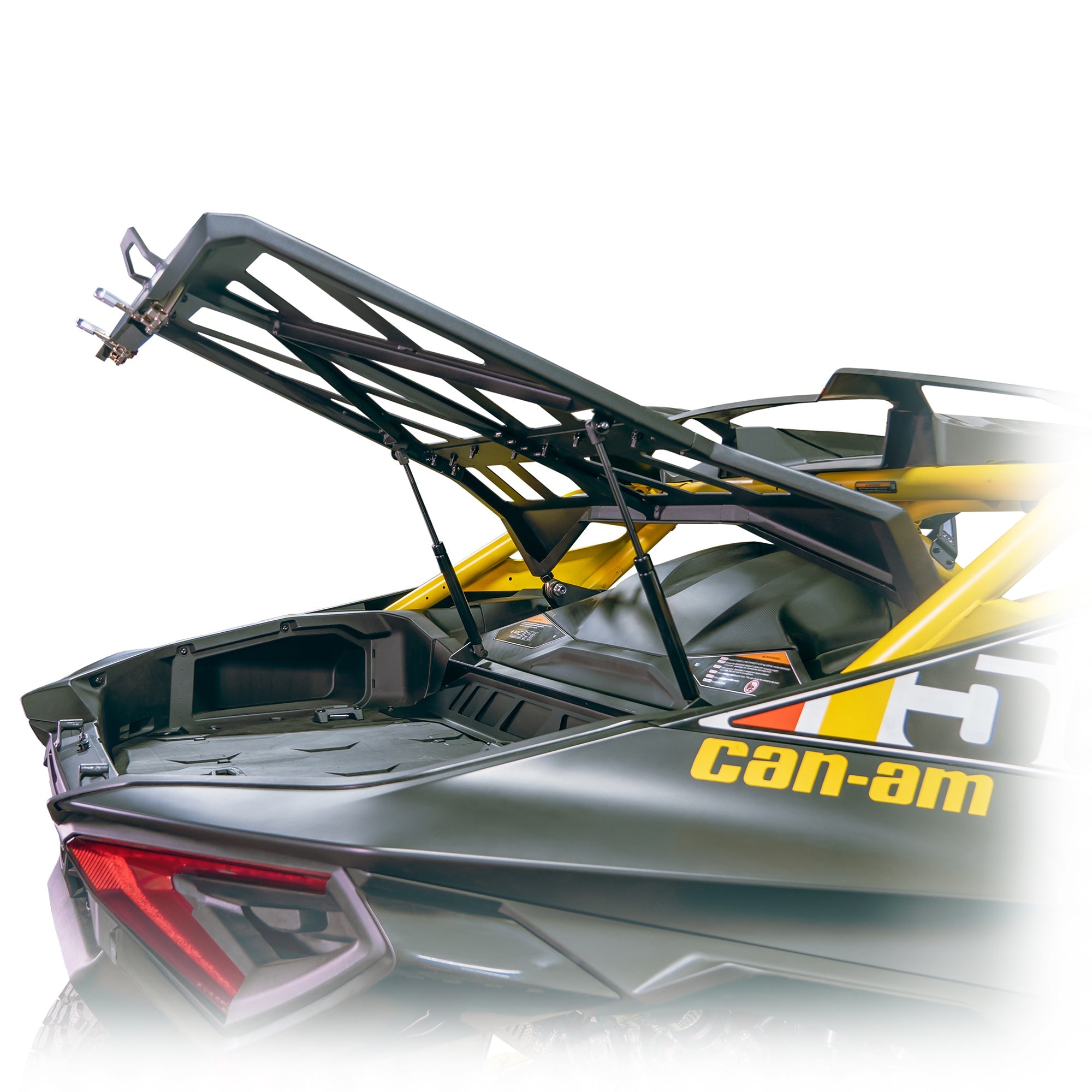 Tire carrier / adventure rack for 2024+ Maverick R, fits 35″ tire, includes assist shocks