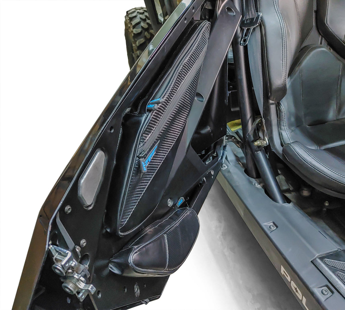 Detail of UTV door organizers mounted inside Pro XP front doors