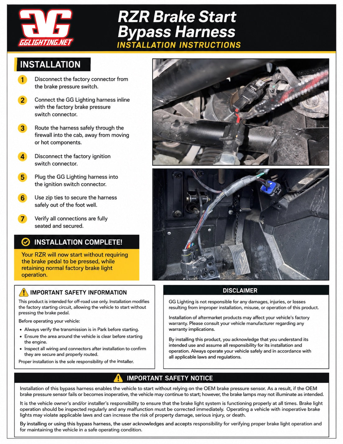 Rzr Pro 2022+ Brake Bypass Harness