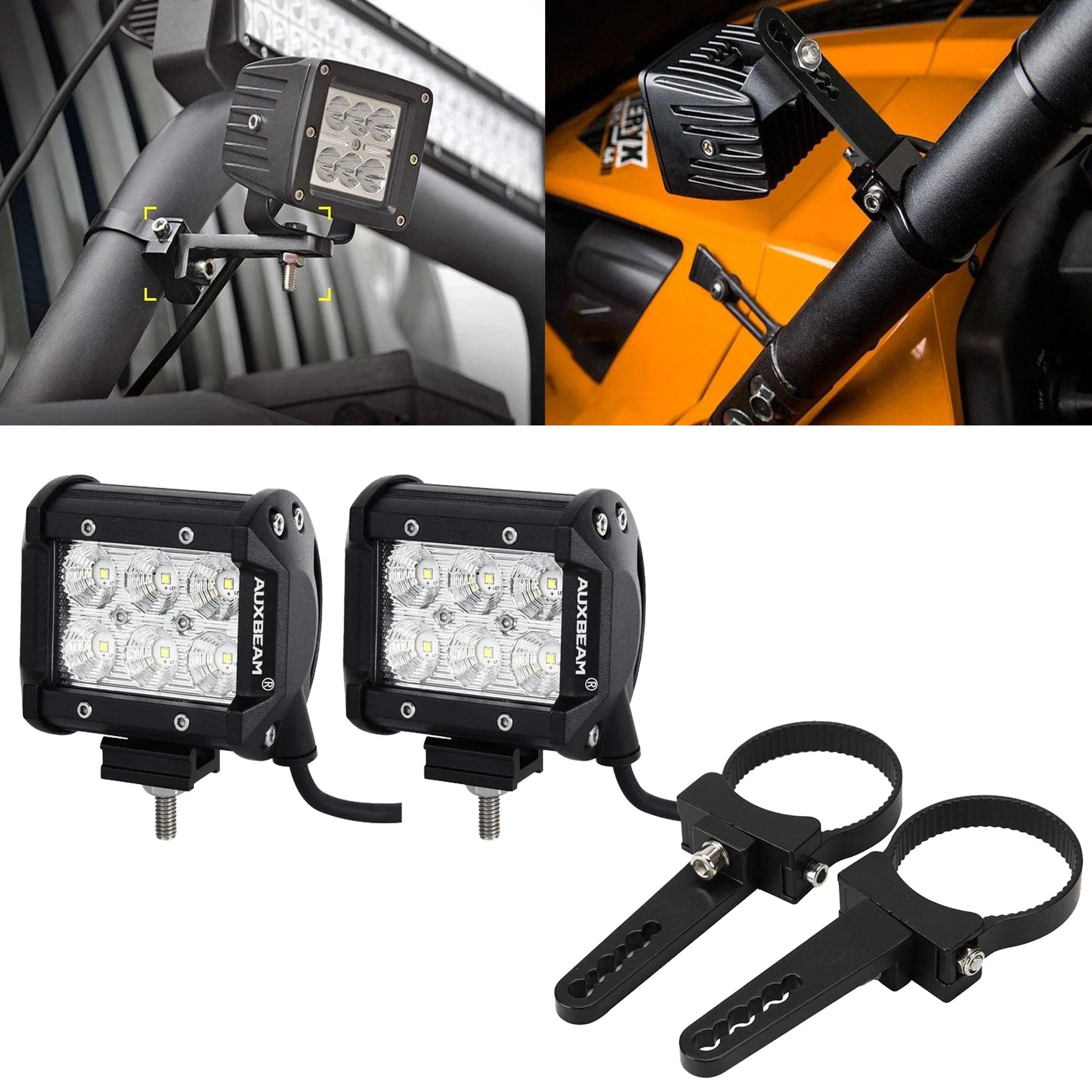 4 inch Classic-SM Series Dual Row LED Pod Lights Flood Beam & 2.5 Inch Bull Bar Roll Cage Clamps Mounting Brackets Combo for Jeep Off-Road SUV ATV UTV Trucks