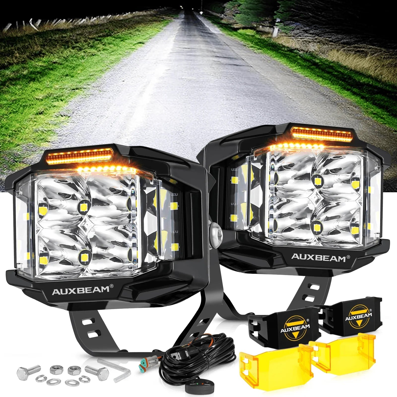 V-MAX Series | 4 Inch 92W 8960LM Spot Beam Side Shooter LED Square Pod Lights with Amber DRL