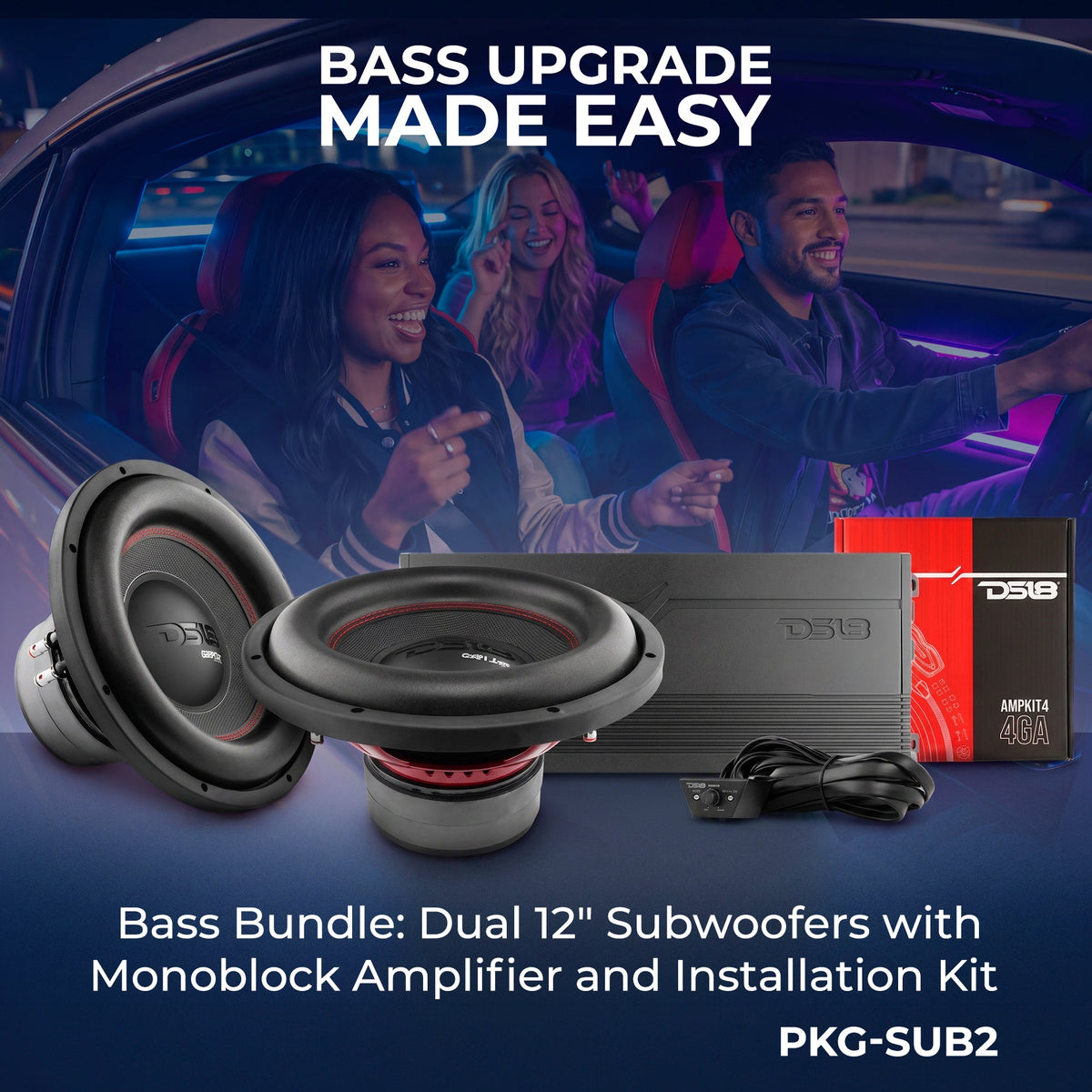Bass Bundle: Dual 12" Subwoofers with Monoblock Amplifier and Installation Kit