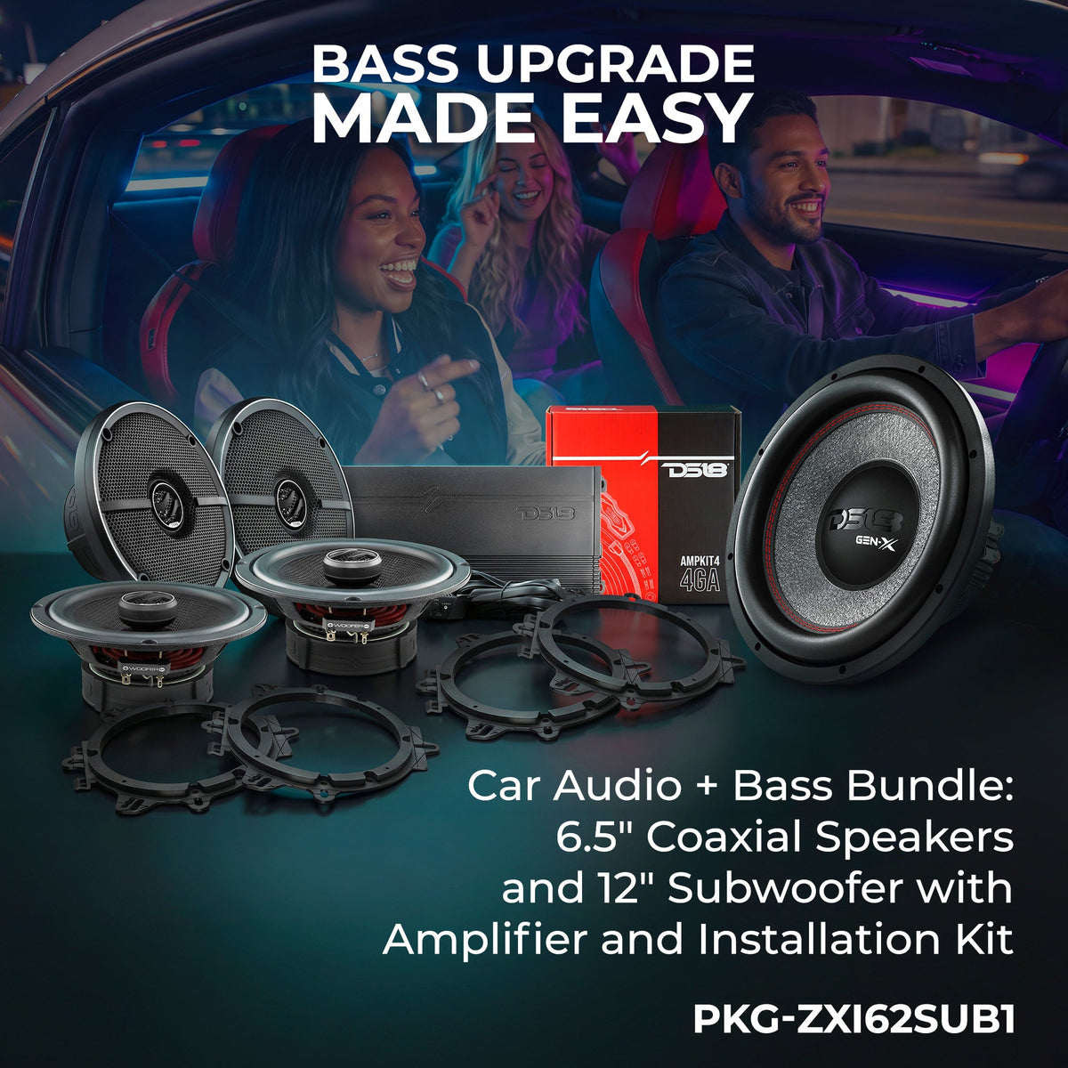 Car Audio + Bass Bundle: 6.5" Coaxial Speakers and 12" Subwoofer with Amplifier and Installation Kit