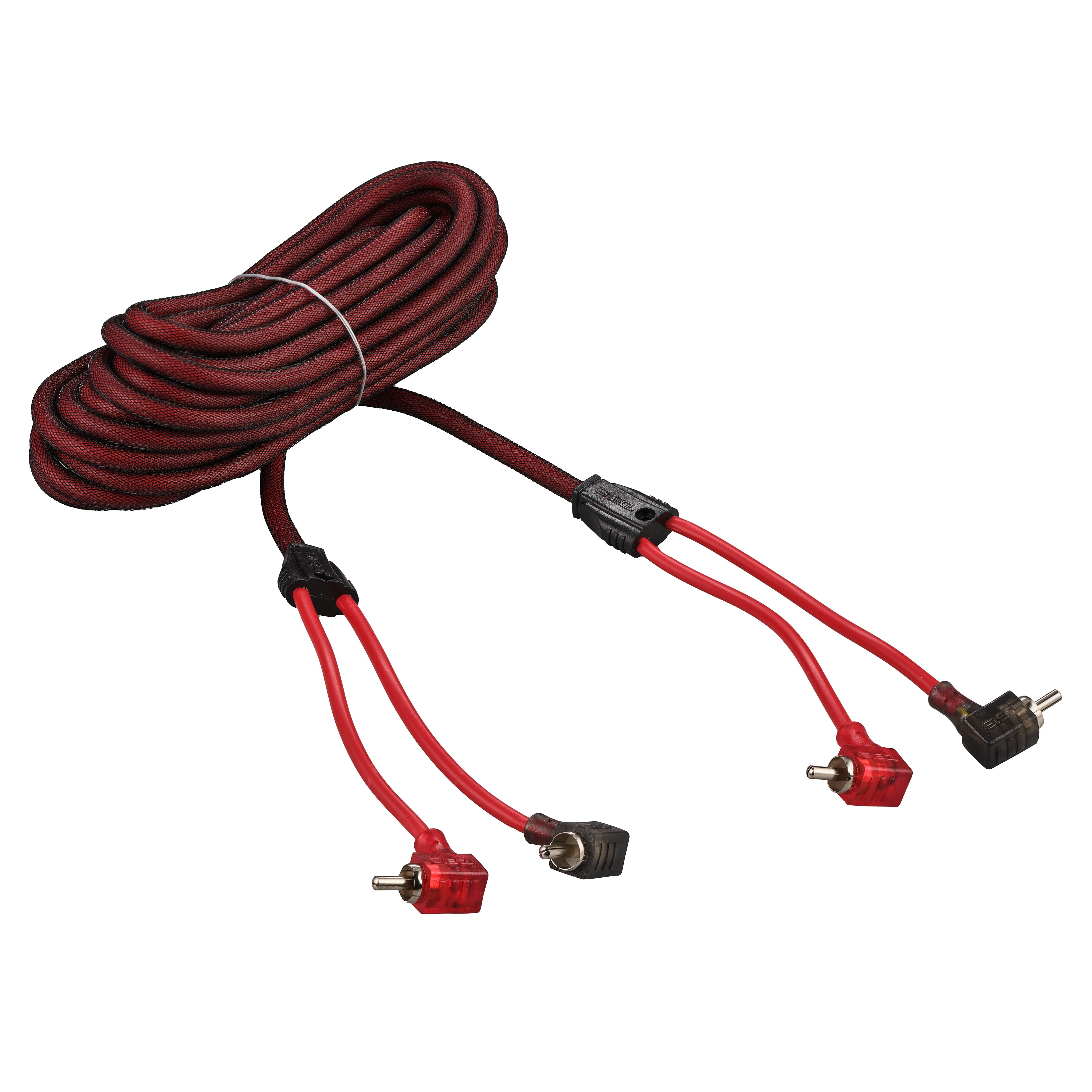 100% OFC Ultra Flex 2-Channel RCA with 90 Degree Ends, Dual Twist Wire, Red Braided Jacket - 20 ft