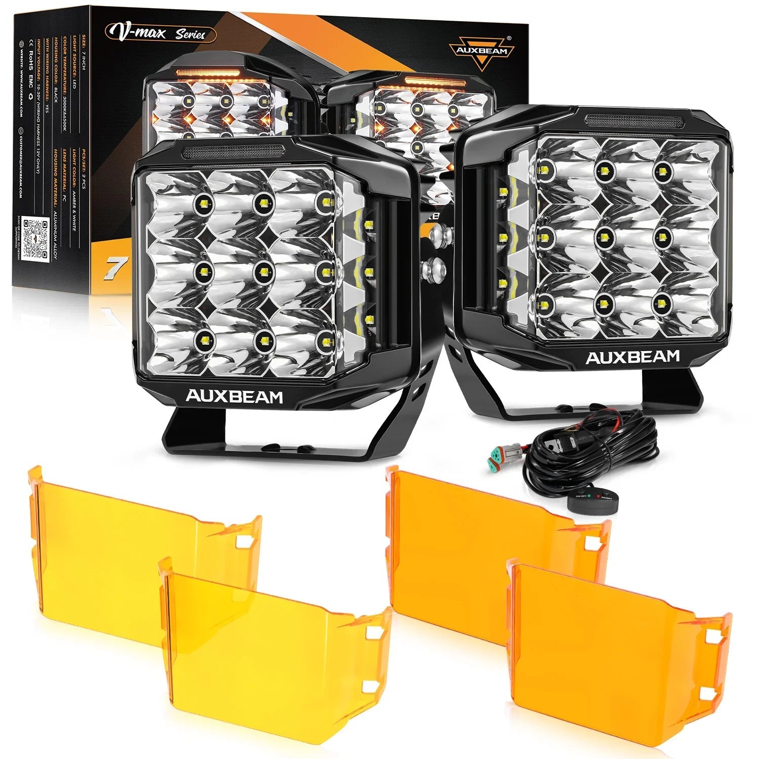 V-MAX Series | 7 Inch 228W 26100LM Spot Beam Side Shooter LED Square Pod Lights with Amber DRL&Backlight
