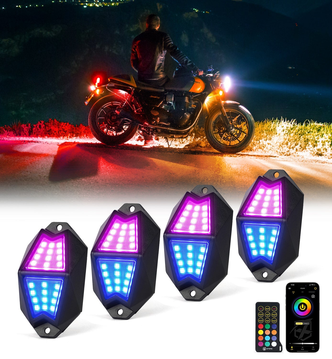 Xprite RGB LED Rock Lights with APP & Remote Control – Off-Road Underglow Lights for Jeep Trucks UTV ATV