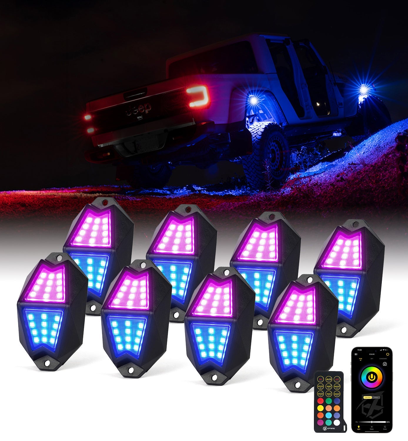 Xprite RGB LED Rock Lights with APP & Remote Control – Off-Road Underglow Lights for Jeep Trucks UTV ATV