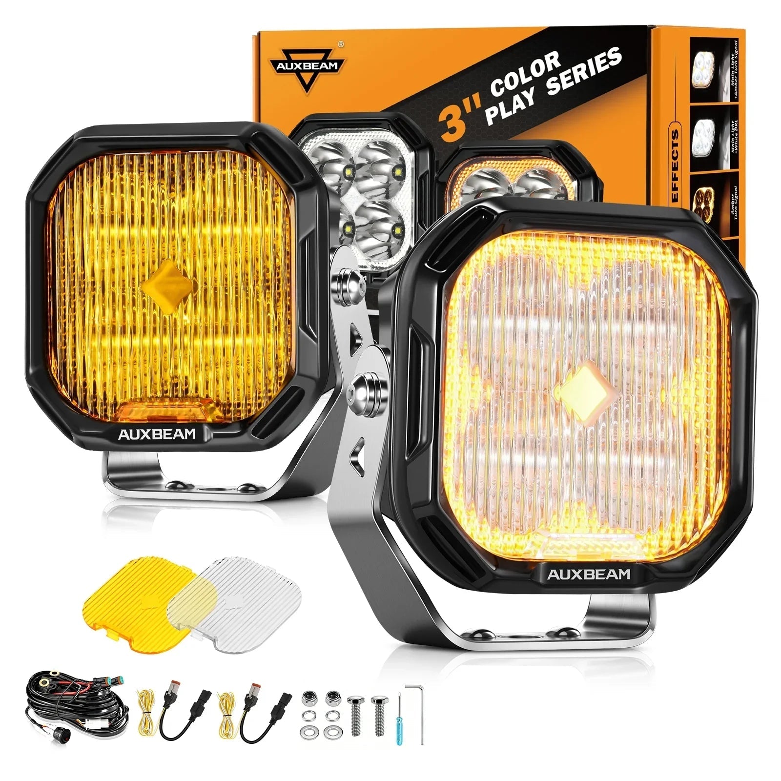 Color Play Series 3 Inch 100W LED Pod Lights Off Road Lights with White DRL & Amber Turn Signal Lights