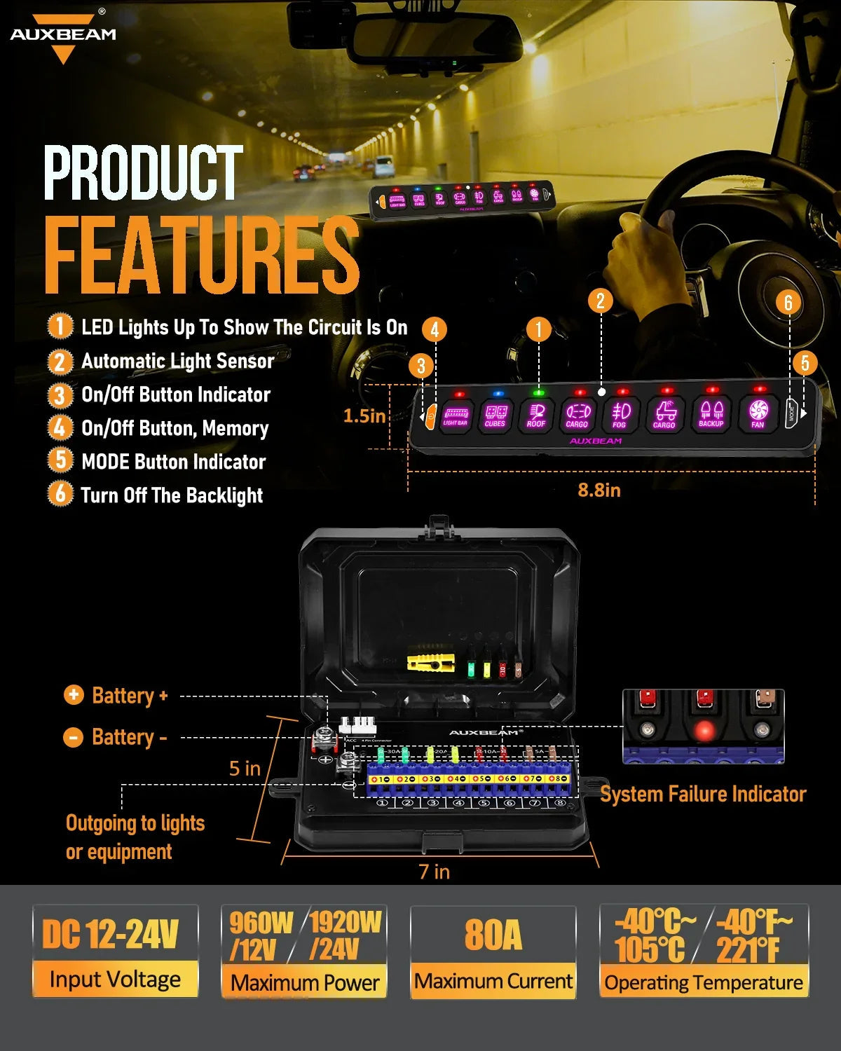 AS Series 8 Gang (AS-R80) RGB Slim Switch Panel, Toggle/ Momentary/ Pulsed Mode Supported(One-Sided Outlet)