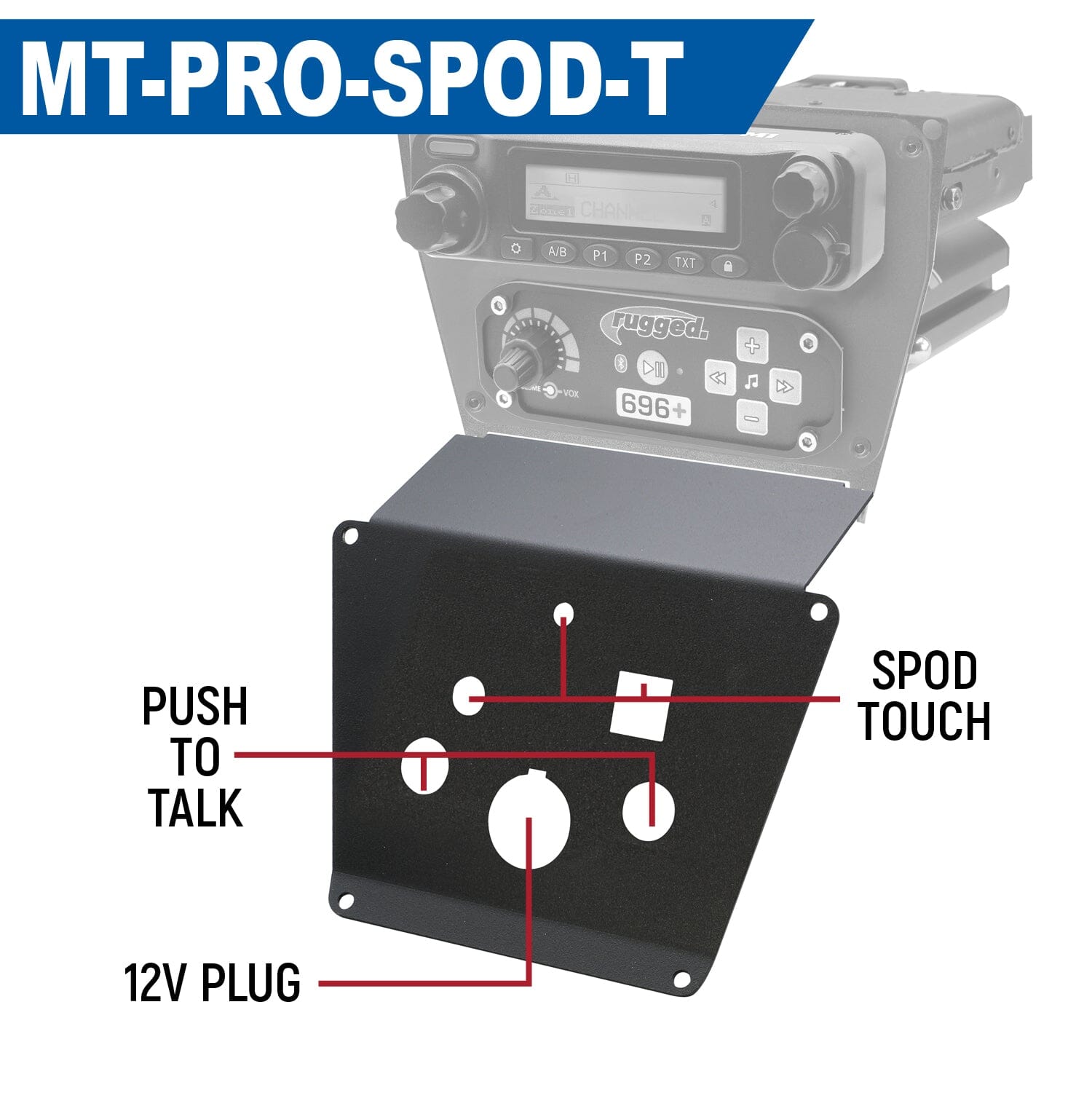 Lower Accessory Panel for Polaris Polaris RZR PRO XP, RZR Turbo R, and RZR PRO R with 2 push-to-talk holes, 12V outlet hole, and SPod Touch panel hole