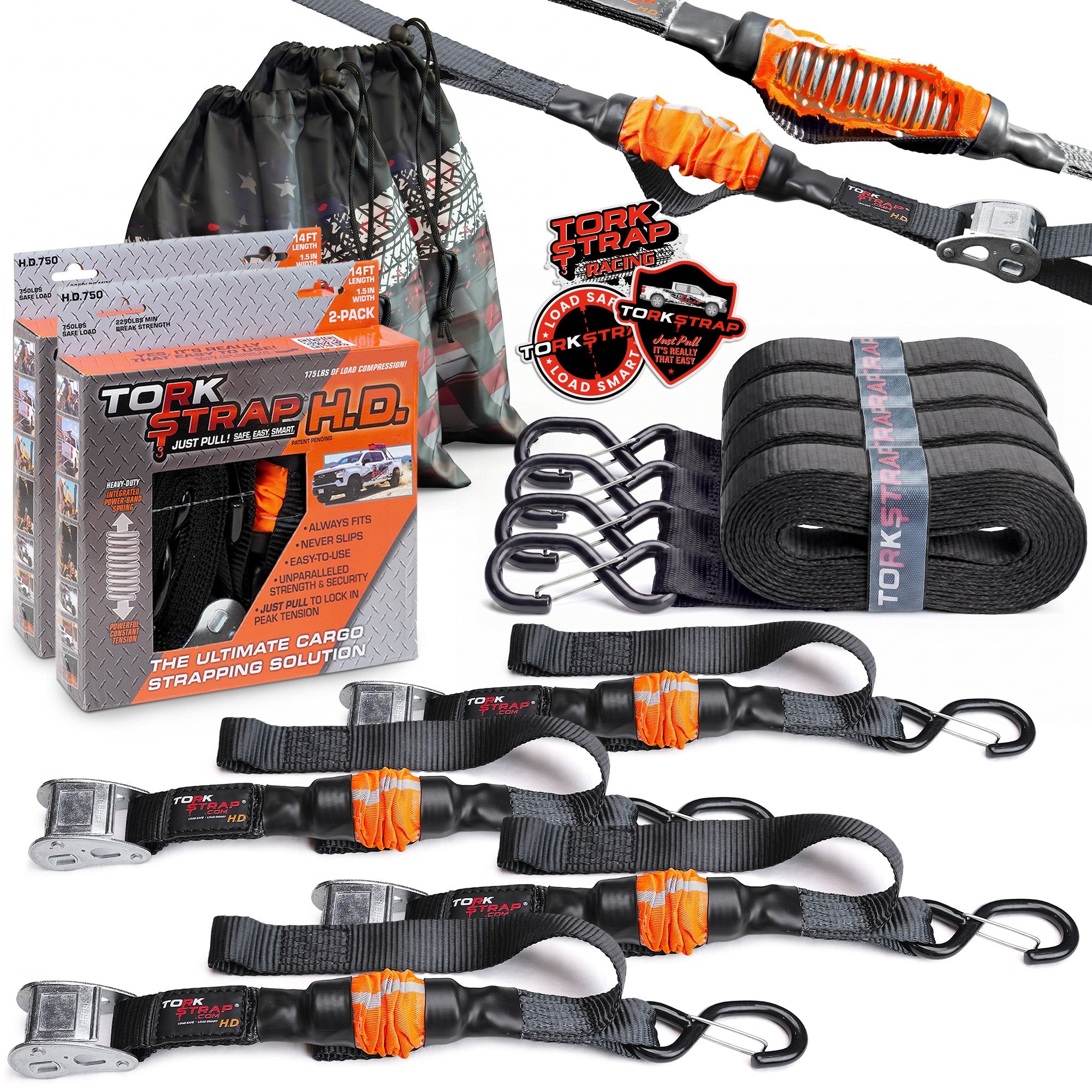 TorkStrap HD750 | 14'x1.5'' Spring Loaded Tie Down Straps - 2250lb Max Load