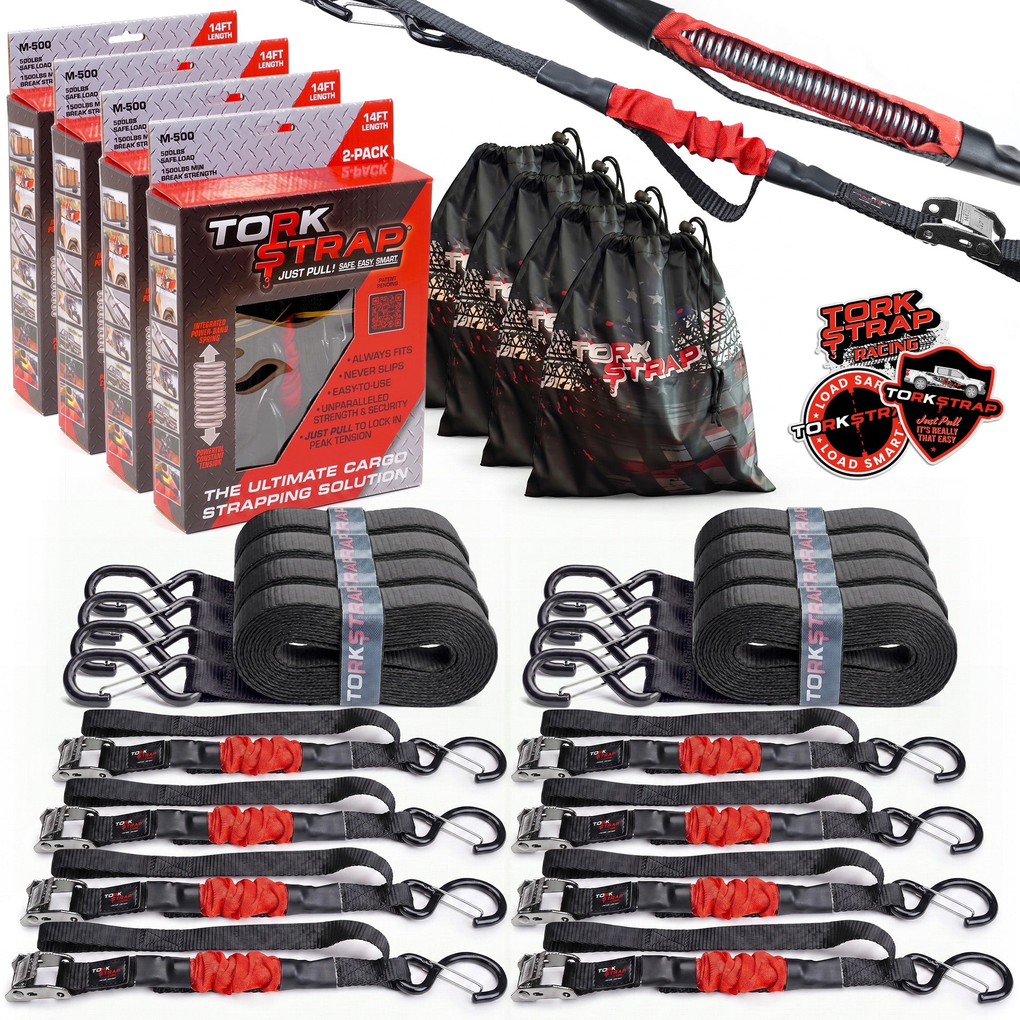 TorkStrap M500 | 14'x1'' Spring Loaded Tie Down Straps - 1500lbs Max Load
