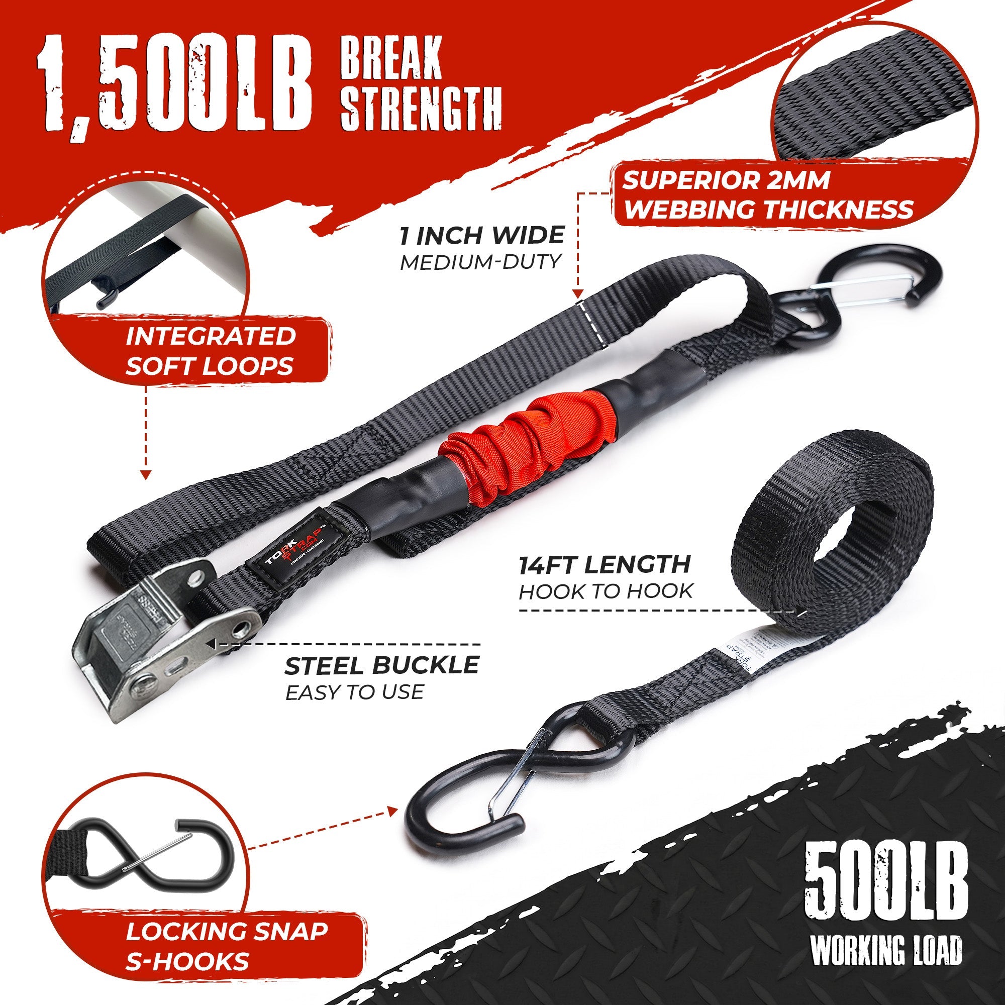 TorkStrap M500 | 14'x1'' Spring Loaded Tie Down Straps - 1500lbs Max Load